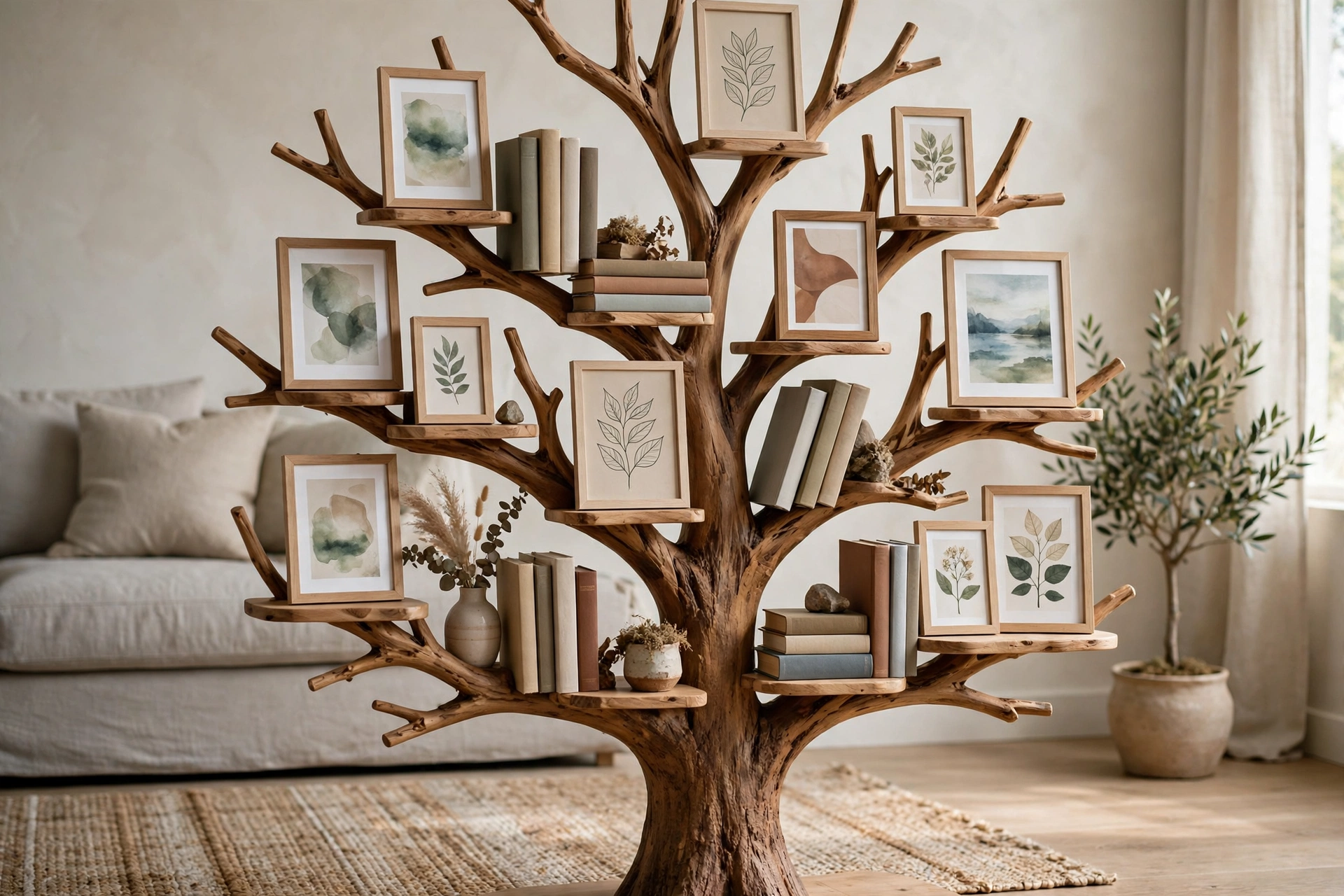 Tree bookshelf styled as a mini gallery with framed art prints and books mixed on branches