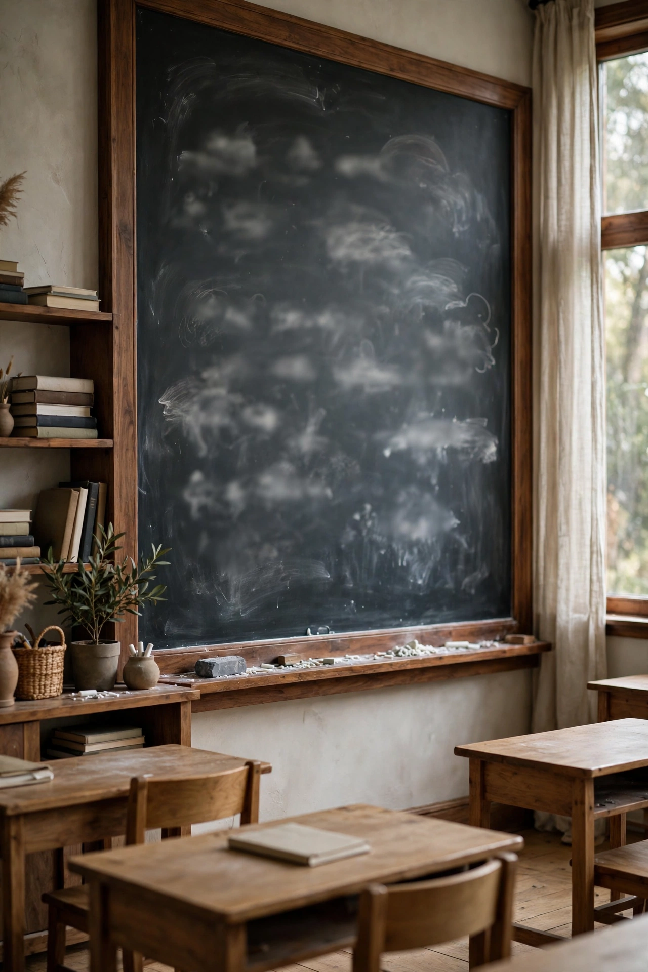 Classroom wall painted with dark chalkboard paint, framed with wood trim and handwritten lesson headings in white chalk
