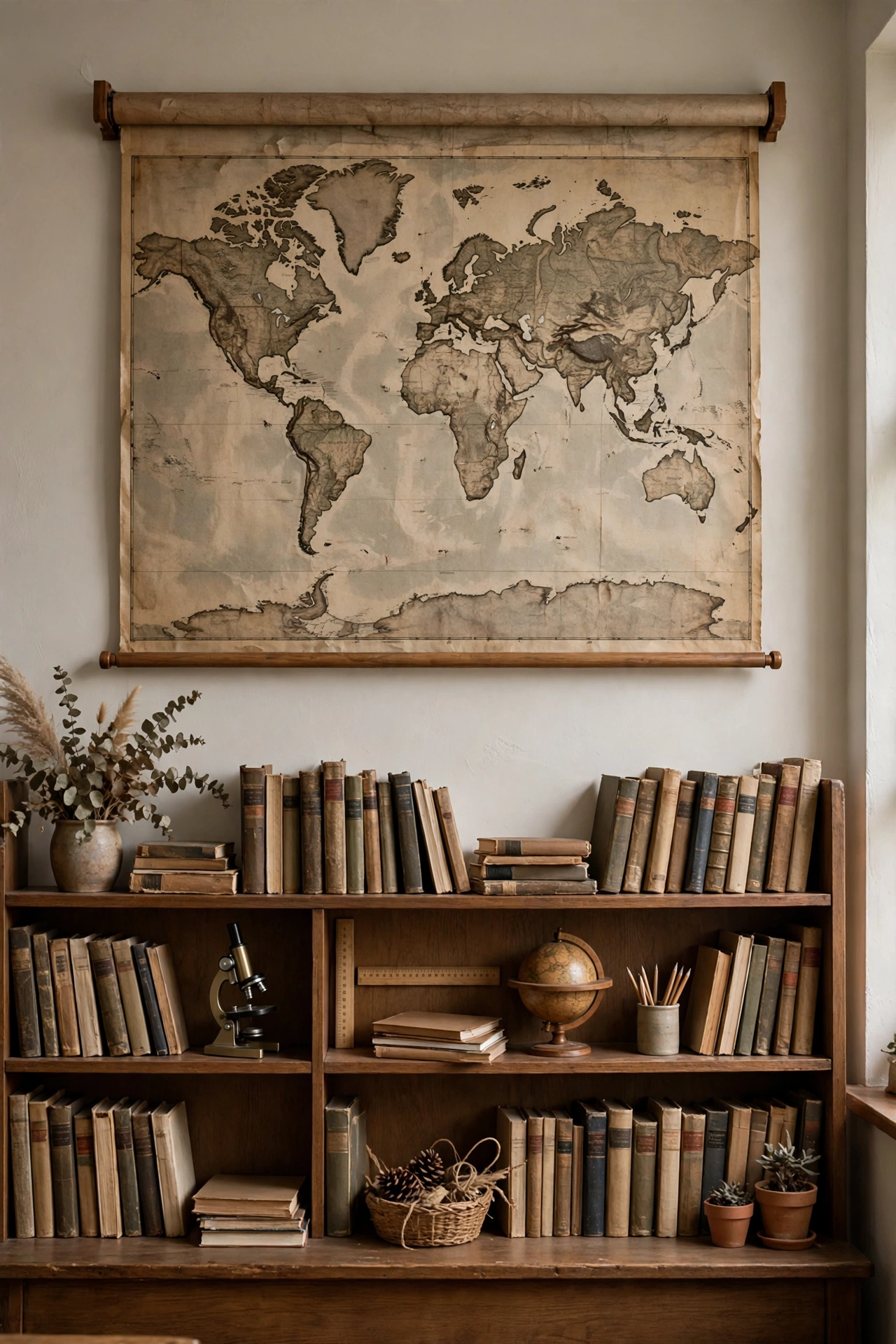 Old-fashioned pull-down world map with muted colors hanging above a classroom bookshelf
