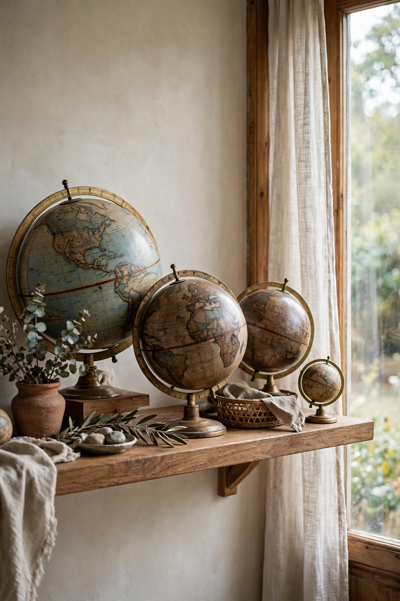 Collection of vintage globes in different sizes on a wooden classroom shelf near a window