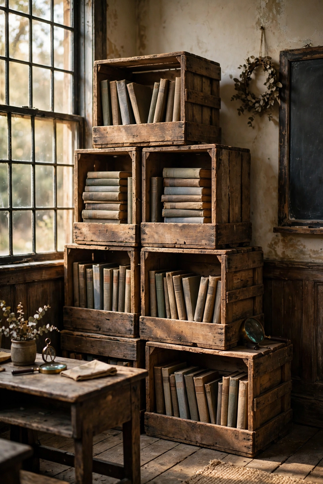 Stacked wooden crates used as open bookshelves filled with old books in a classroom corner