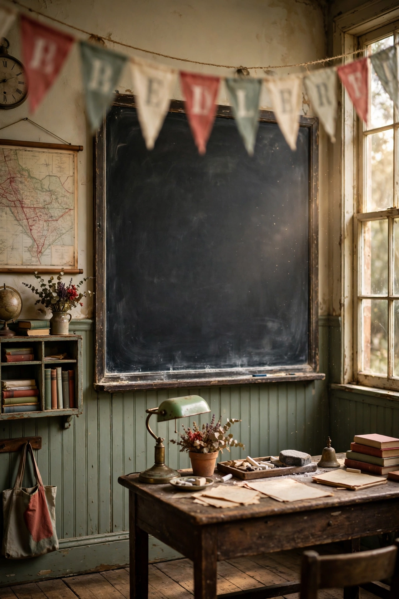 Vintage-style alphabet banner with serif letters and small illustrations strung above a classroom chalkboard