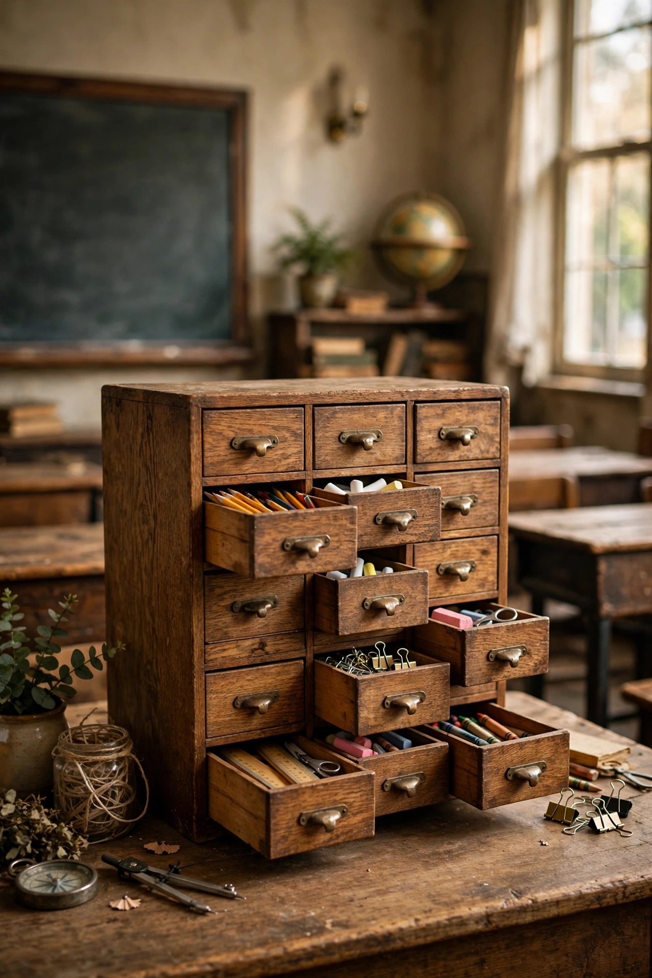Small wooden card catalog drawer unit with labeled brass pulls used for classroom supplies