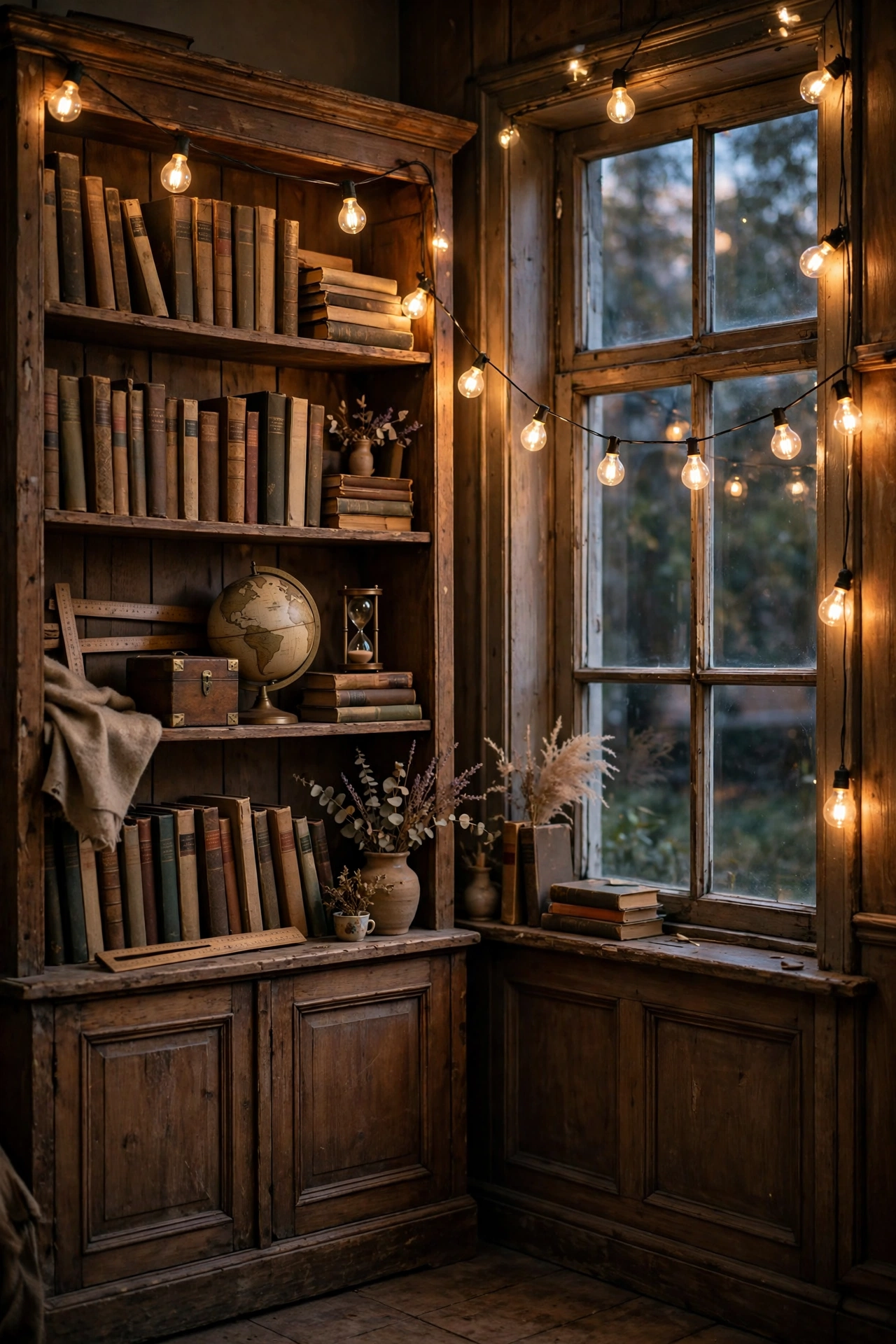 Warm Edison bulb string lights draped along a classroom bookshelf and window frame