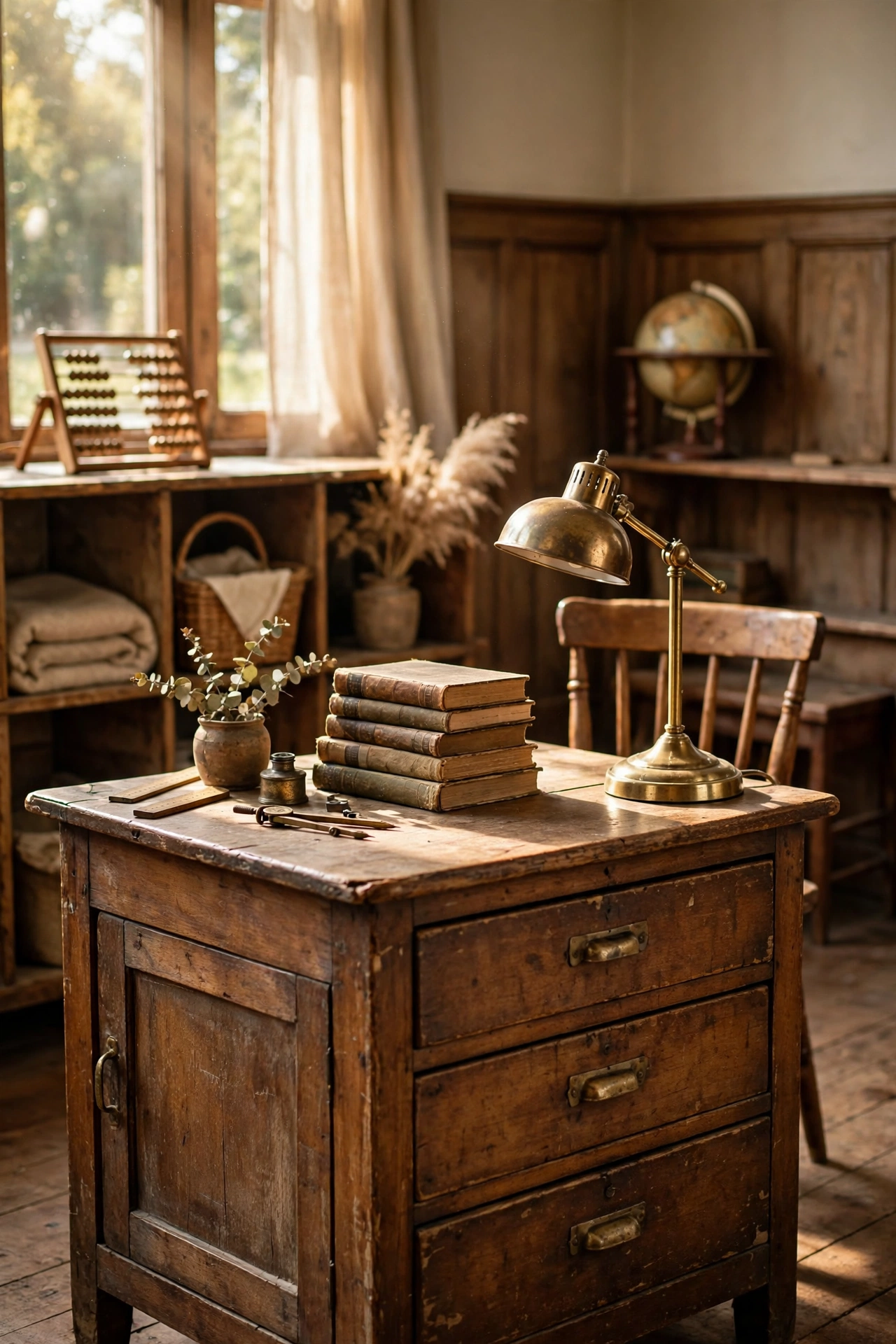 Old wooden teacher desk with drawers, a brass lamp and stacked books in a classroom corner