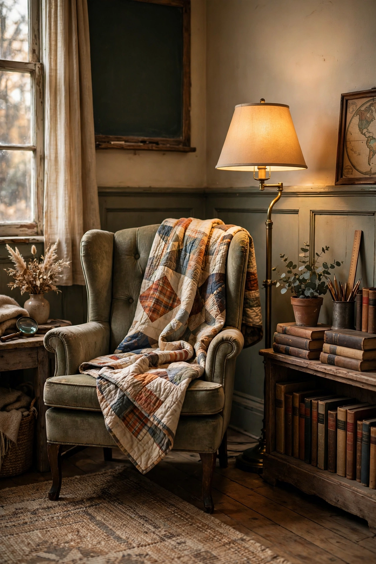 Cozy classroom reading nook with a vintage wing chair, quilt, floor lamp and low bookshelf