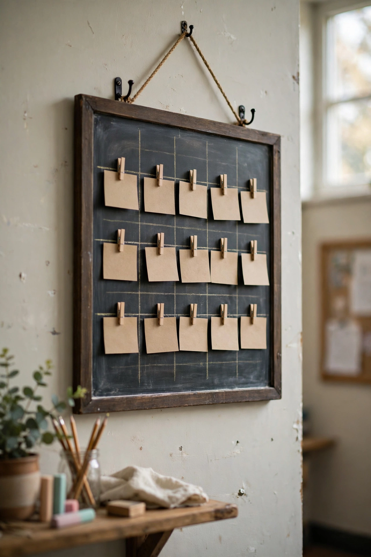 Framed chalkboard job chart with handwritten classroom jobs and student name cards clipped on