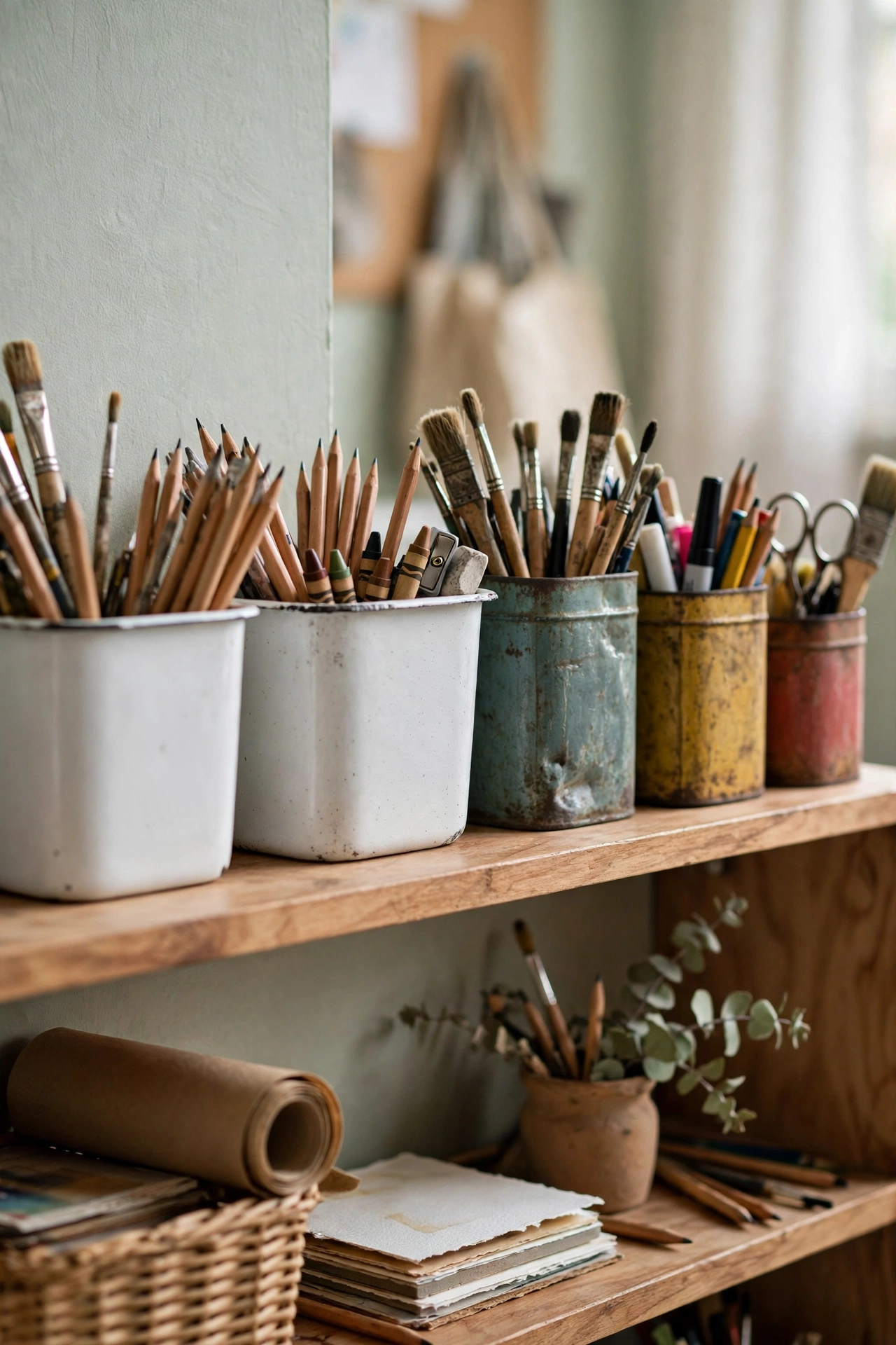 White enamel bins and vintage tin containers labeled for pencils and art supplies on a classroom shelf