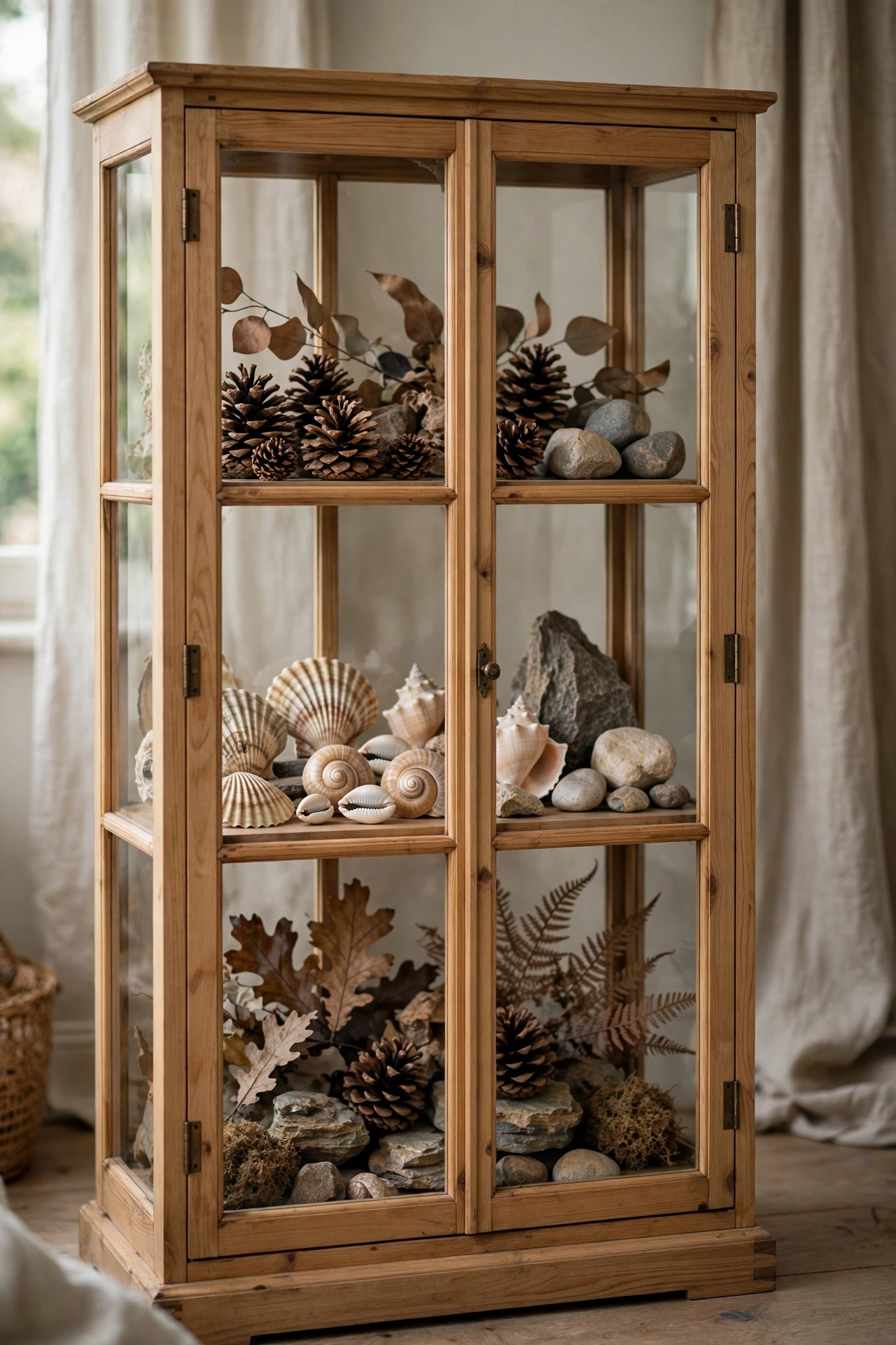 Glass-front wooden curiosity cabinet displaying pinecones, shells, rocks and dried leaves in a classroom