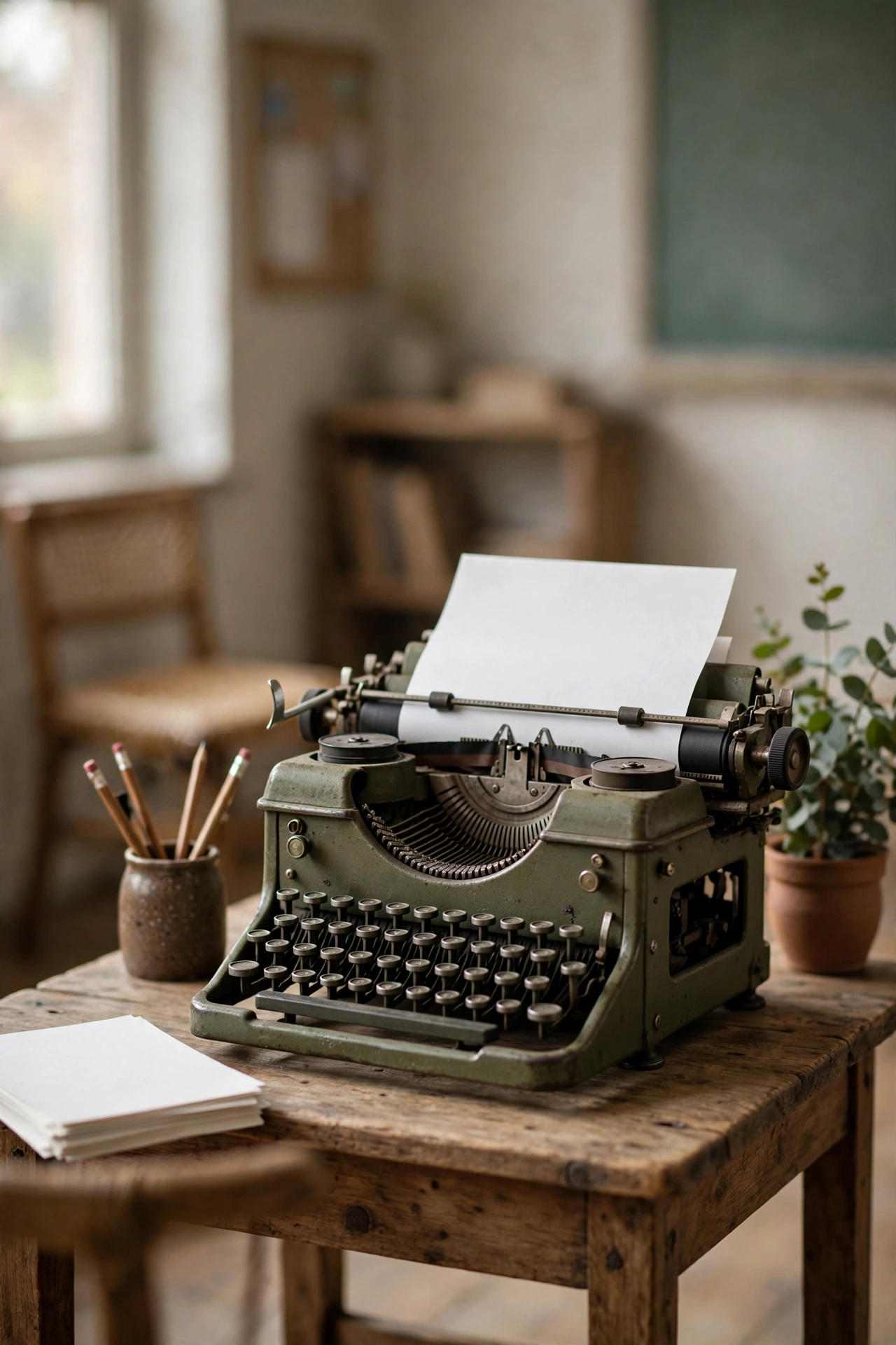 Old manual typewriter on a small wooden table with paper and a jar of pencils in a classroom writing corner