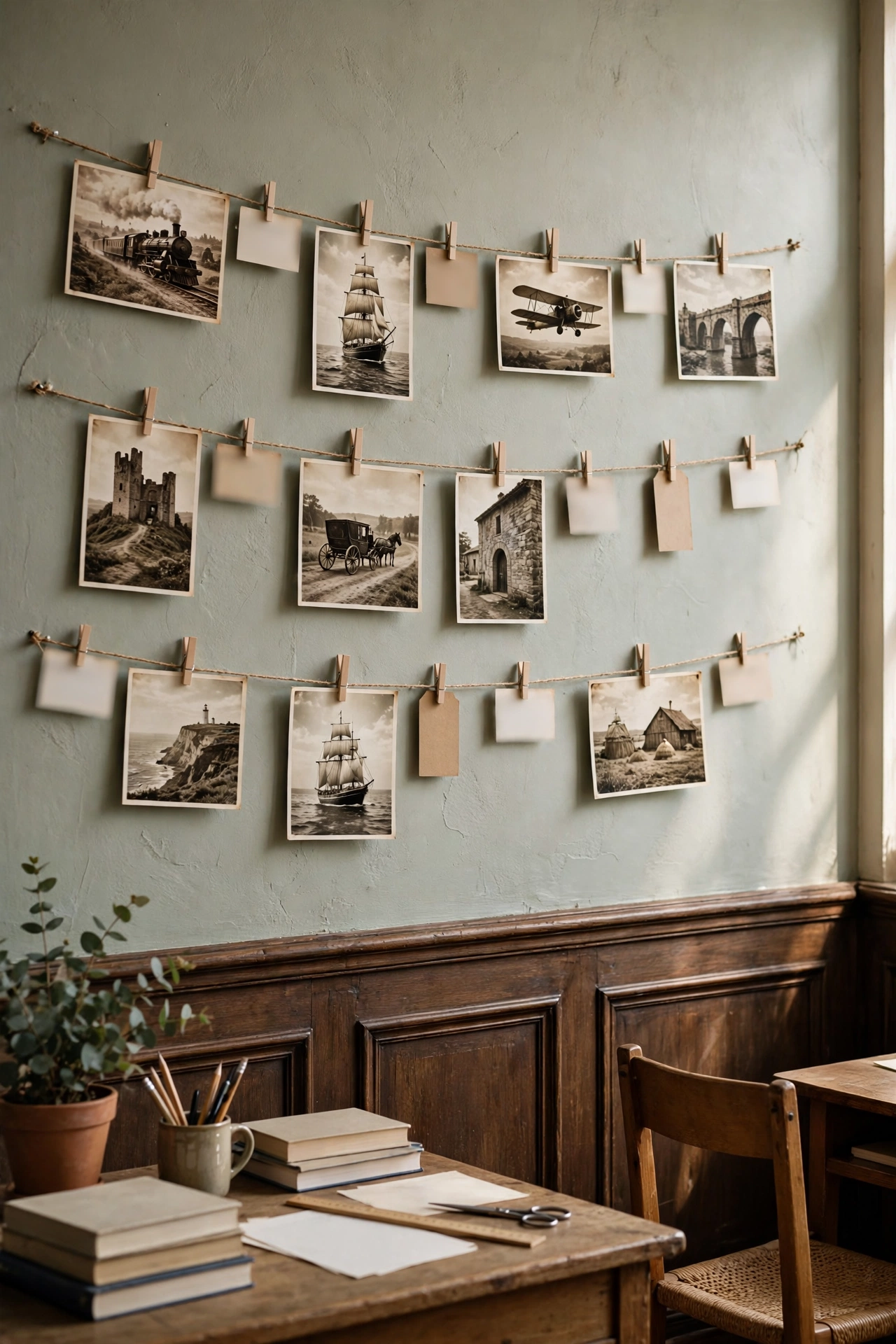 Classroom wall timeline with sepia-toned photos and handwritten date labels strung on twine