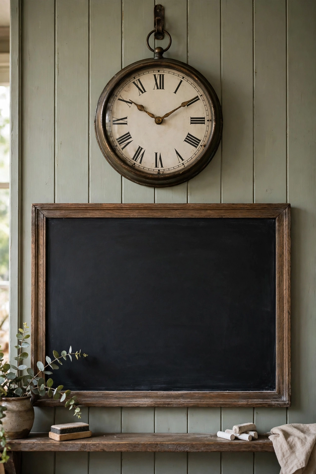 Round vintage schoolhouse clock with Roman numerals on a classroom wall above a chalkboard
