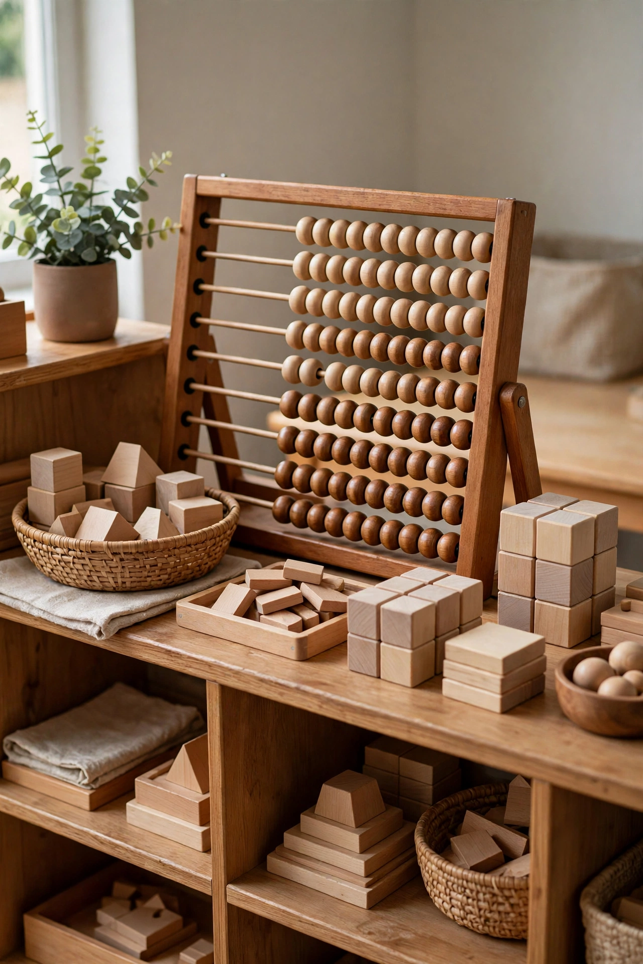 Large wooden abacus with colorful beads and counting blocks on a classroom math shelf
