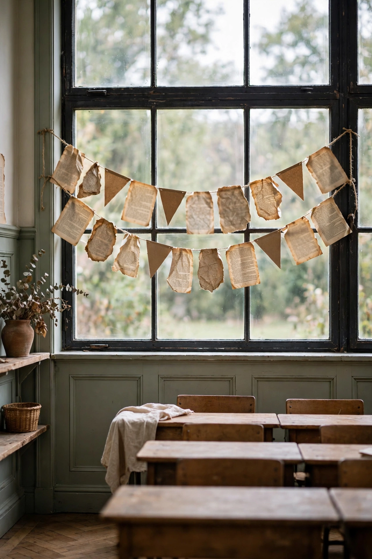 Garland made from old book pages and kraft paper triangles strung across a classroom window