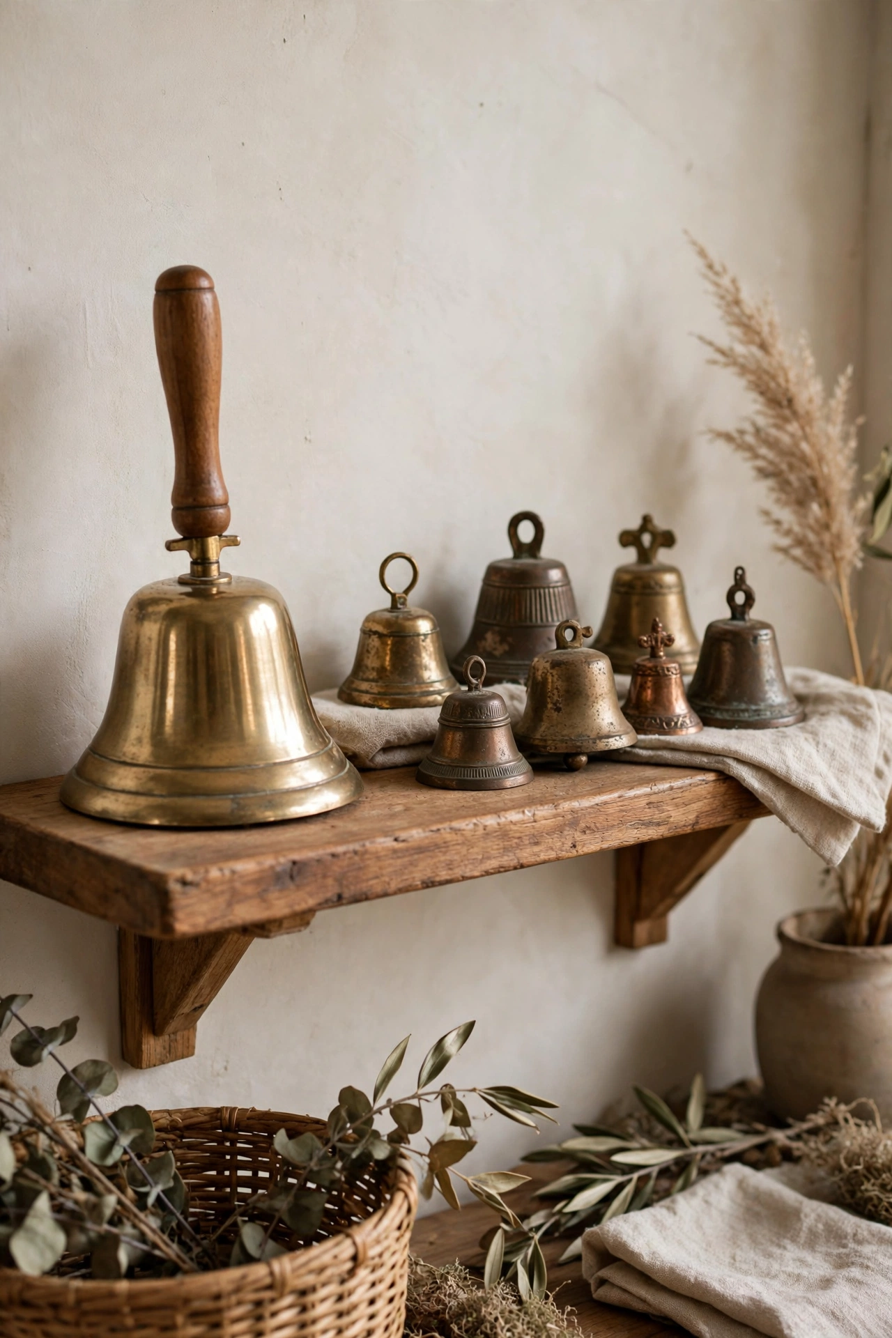 Brass school hand bell and small vintage bell collection on a wooden classroom shelf