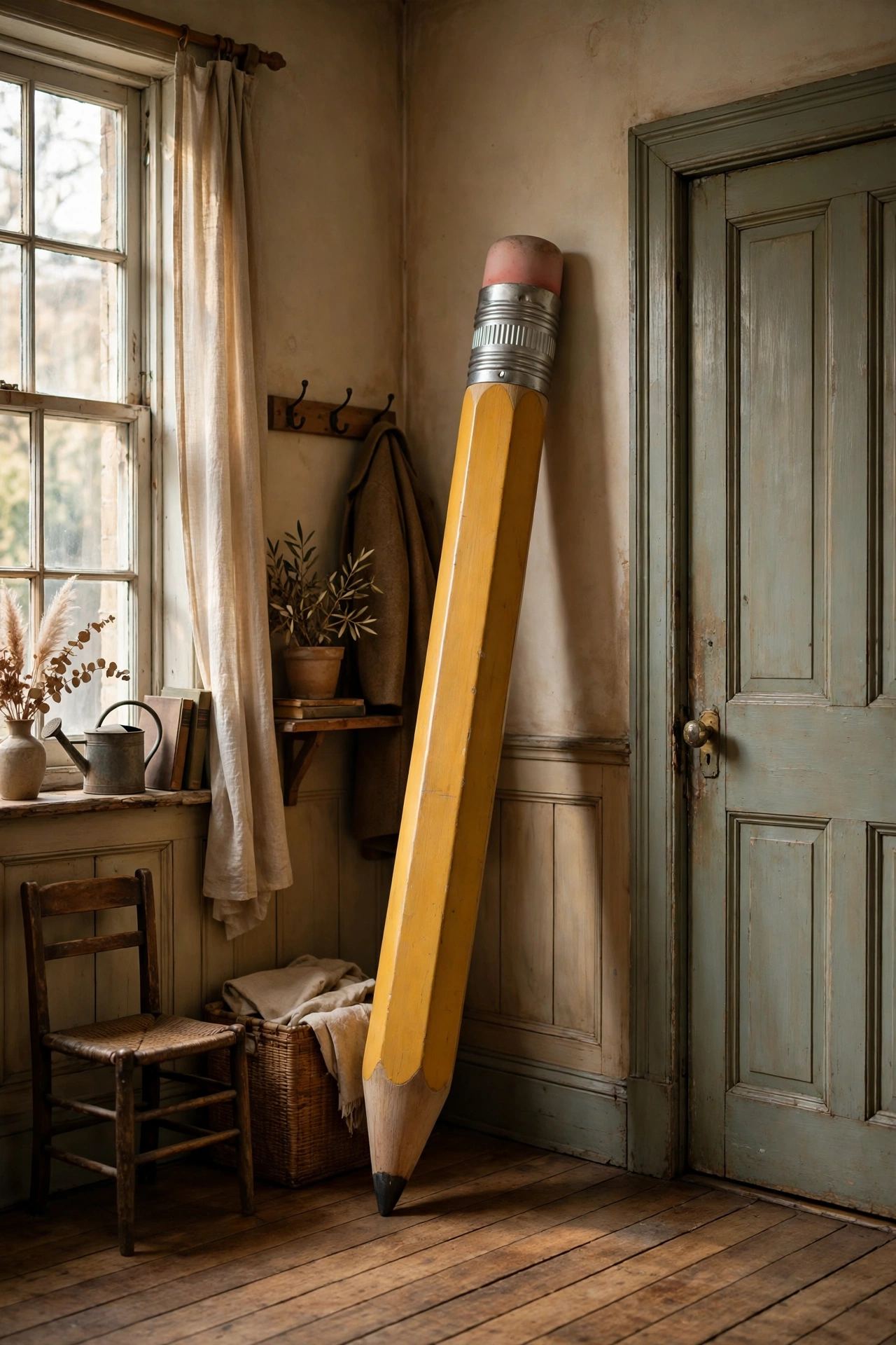 Oversized wooden pencil and vintage crayon props leaning in a corner of a classroom by the door
