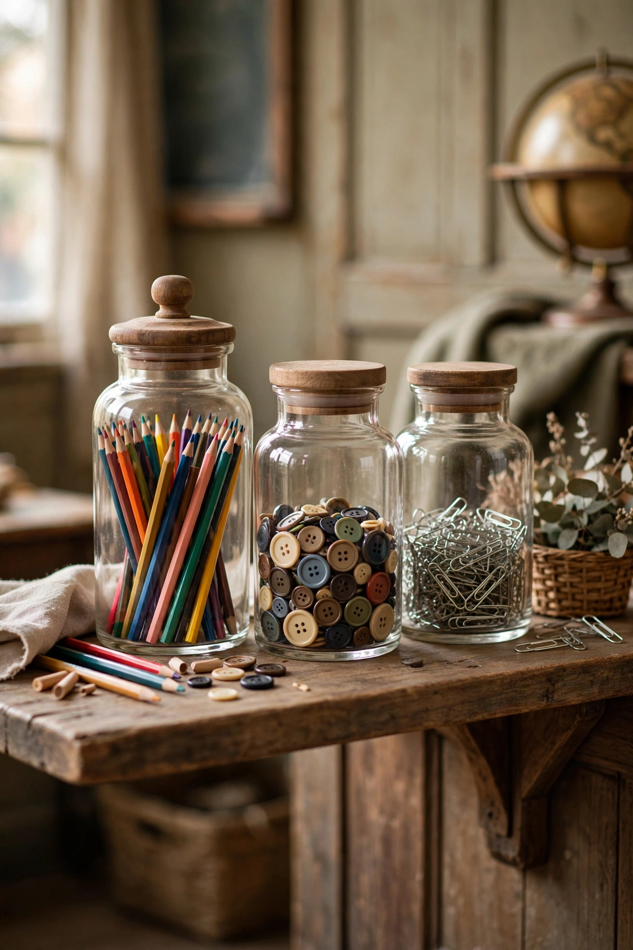 Glass apothecary jars with wooden lids holding colored pencils, buttons and paper clips on a shelf