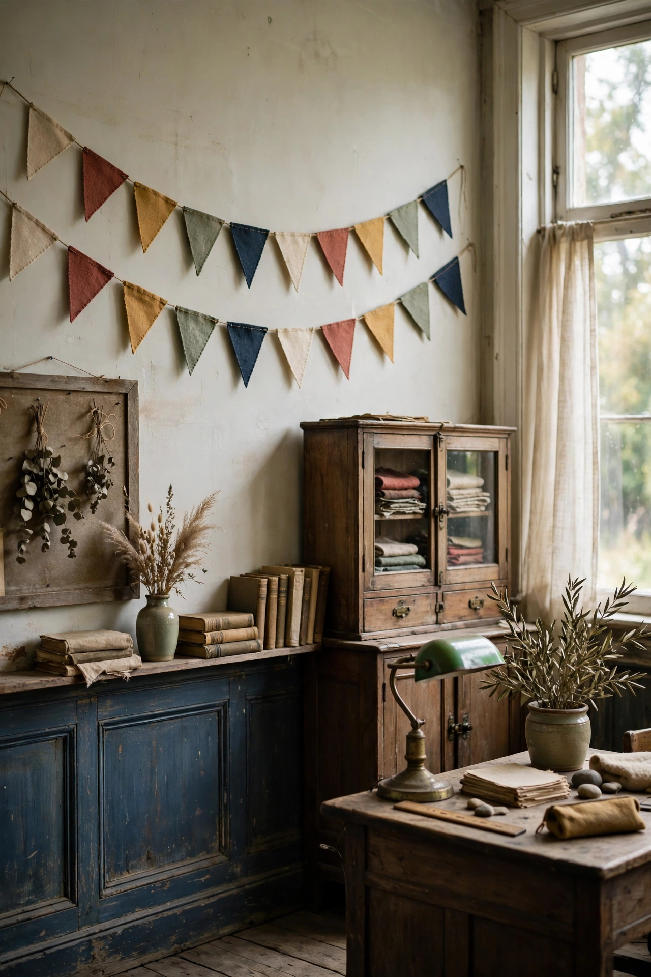 Felt pennant bunting in muted vintage colors strung across a classroom wall above a reading corner