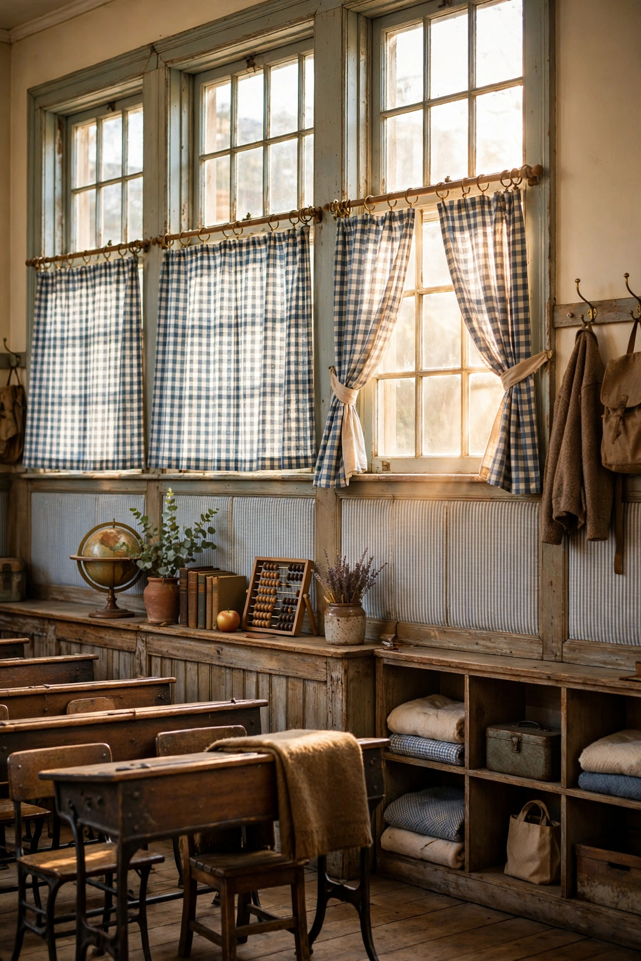 Classroom windows dressed with gingham cafe curtains and ticking stripe fabric panels