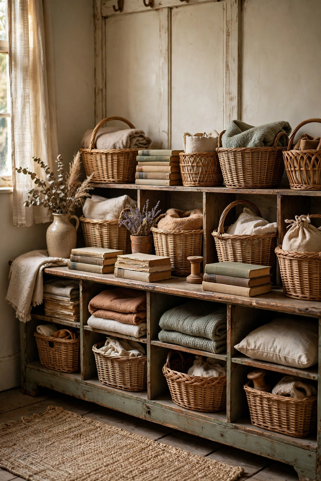 Wicker and rattan baskets on low classroom shelves holding toys, books and soft furnishings
