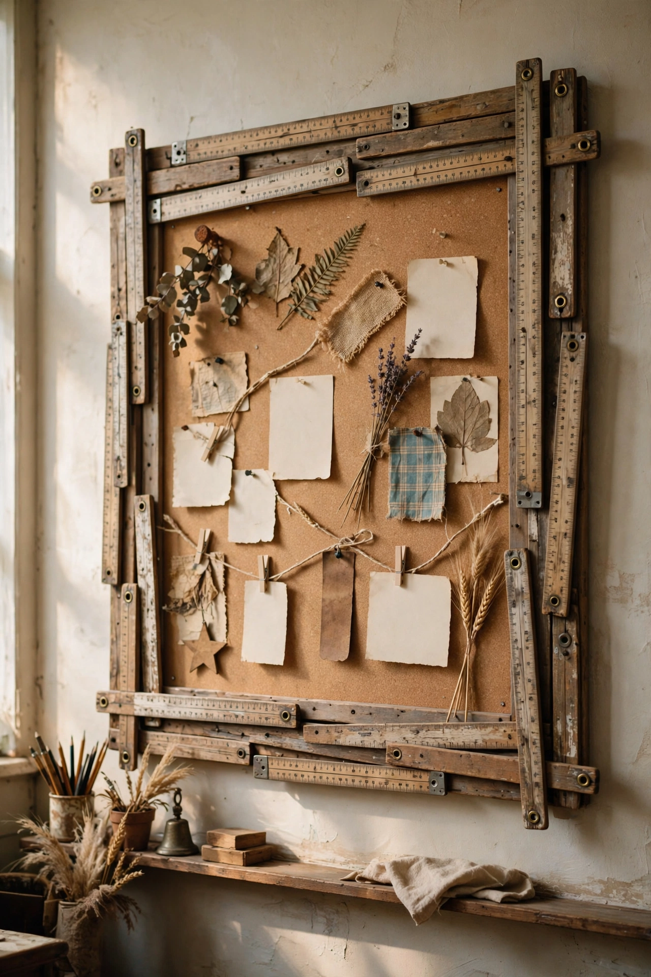 Classroom bulletin board framed with old wooden yardsticks and rulers as a border