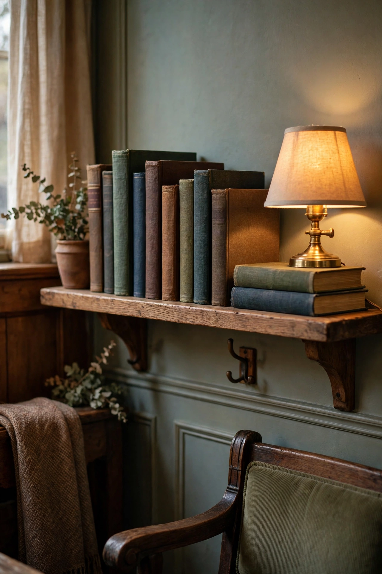 Wooden shelf of cloth-bound classic books with a small brass lamp and framed author portrait