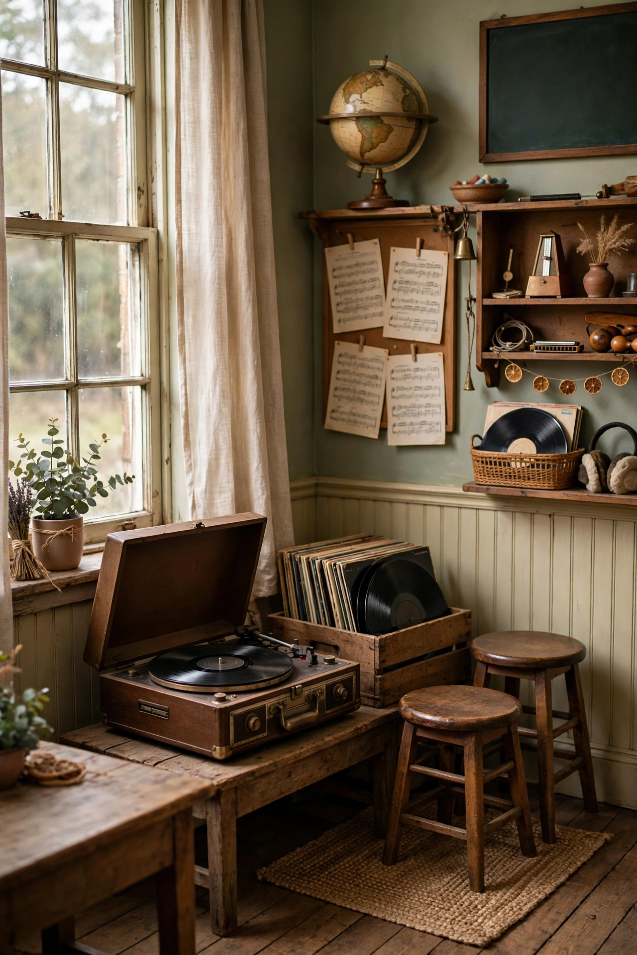 Small classroom music corner with a vintage record player, vinyl records and wooden stools