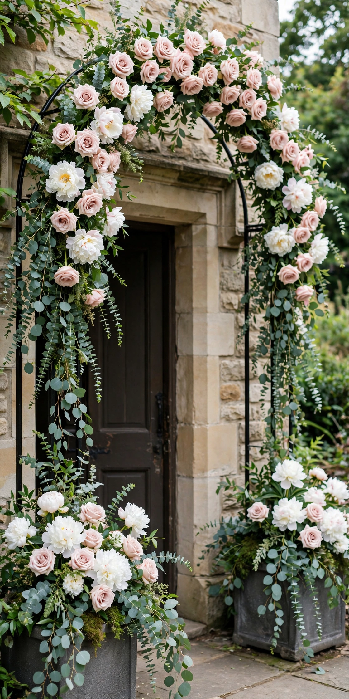 Grand floral wedding arch with blush roses and greenery over venue doors