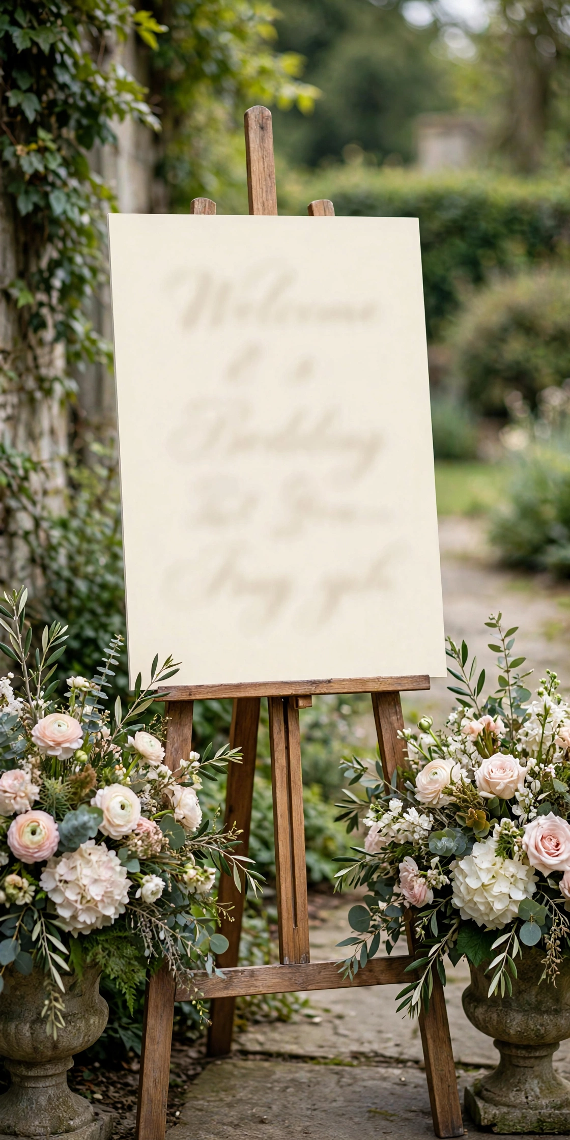 Personalized wedding welcome sign on wooden easel with floral urns