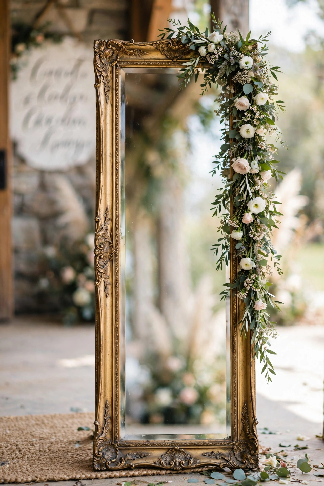 Vintage mirror wedding welcome sign with calligraphy and floral garland