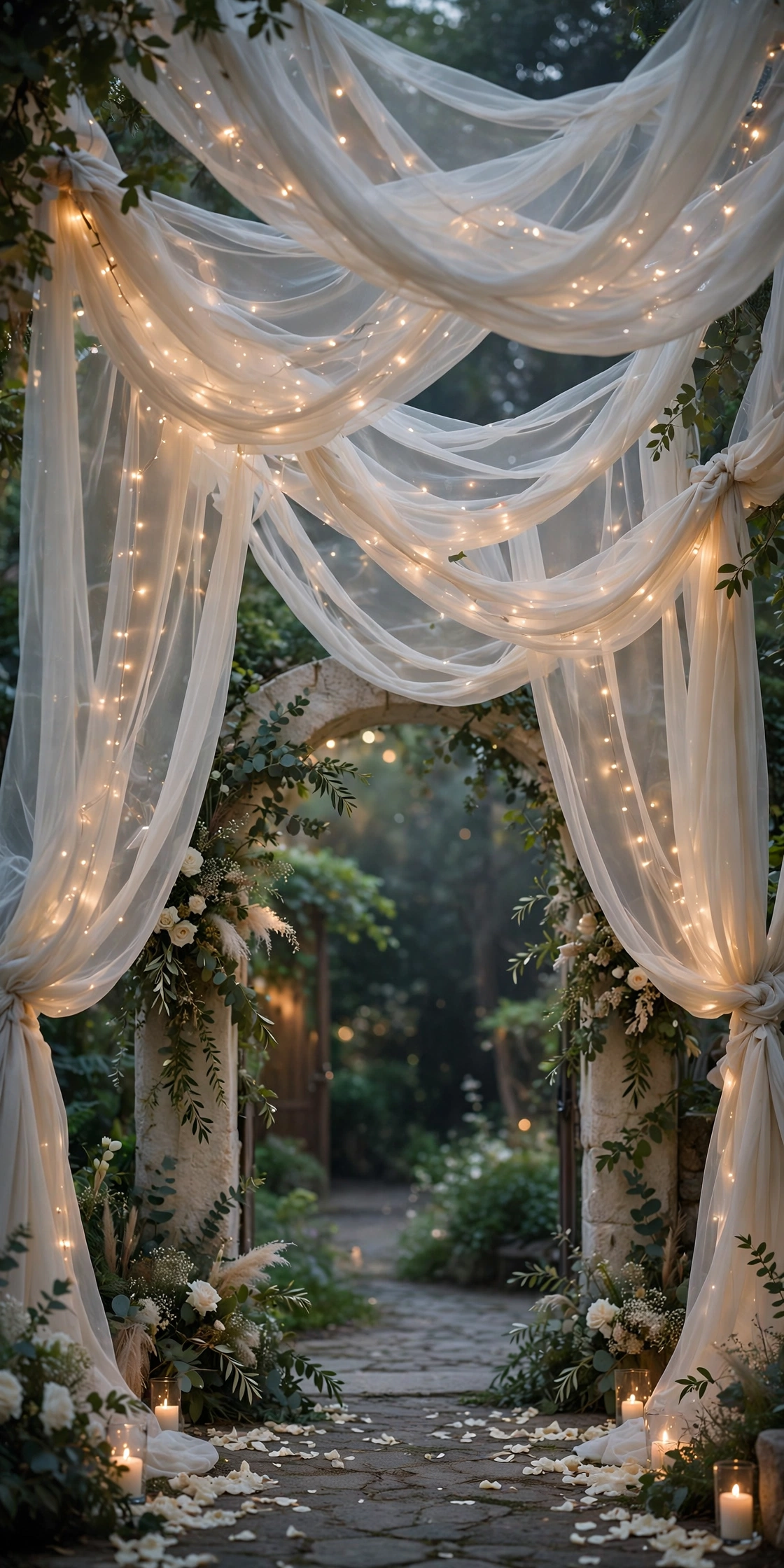 Sheer chiffon draped canopy with fairy lights over wedding entrance