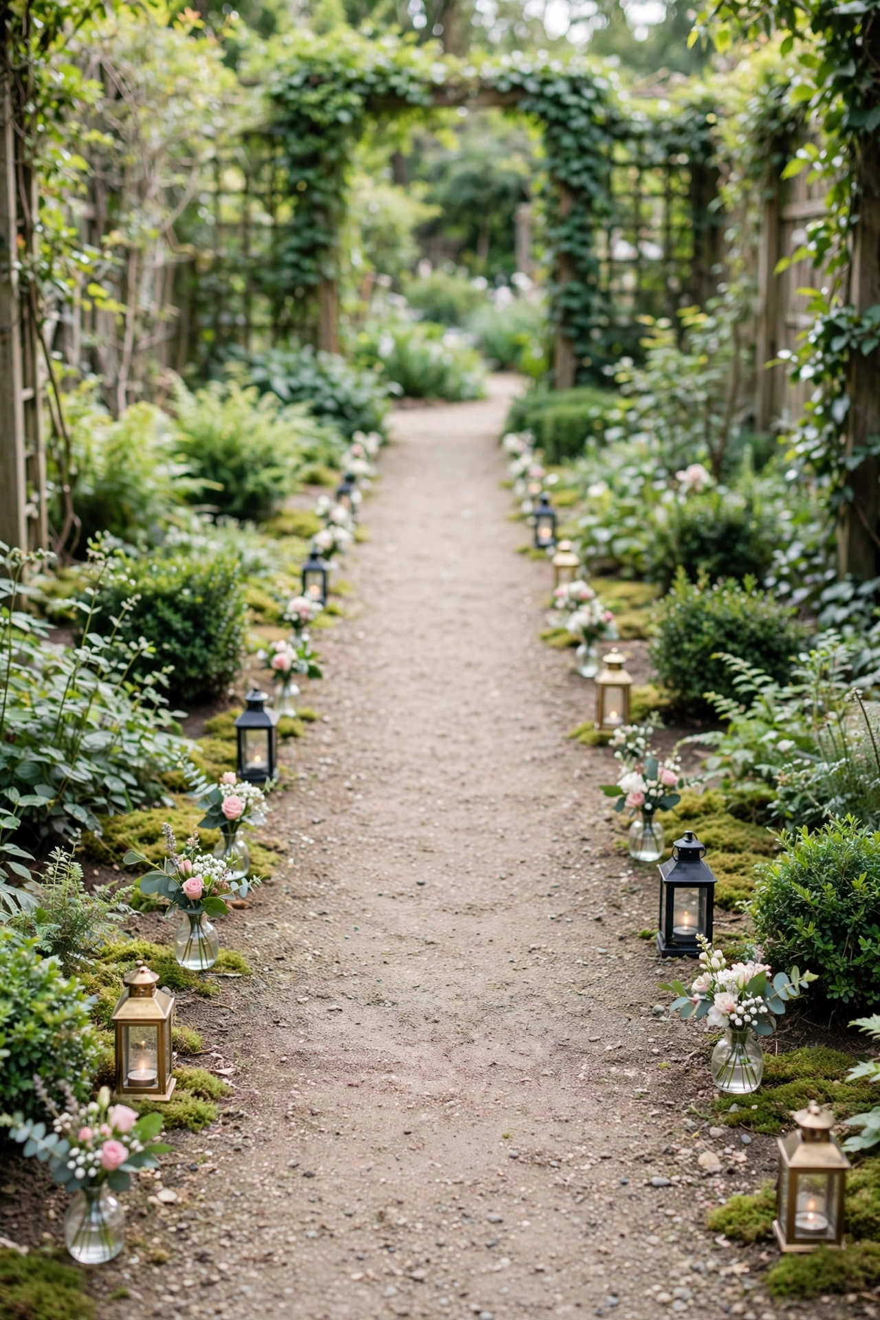 Wedding walkway lined with floral clusters in bud vases and lanterns