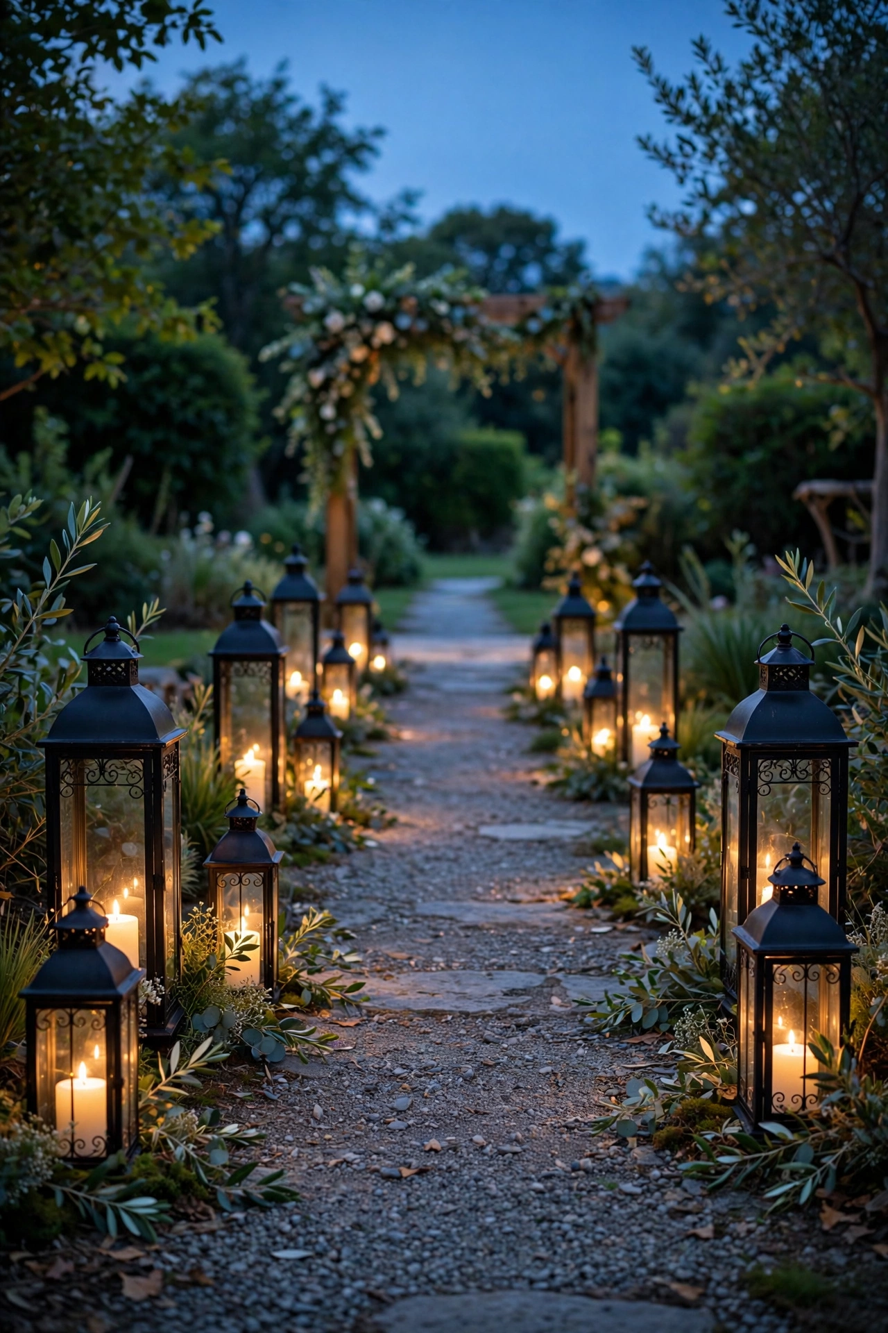 Evening wedding path lit by glowing black metal lanterns