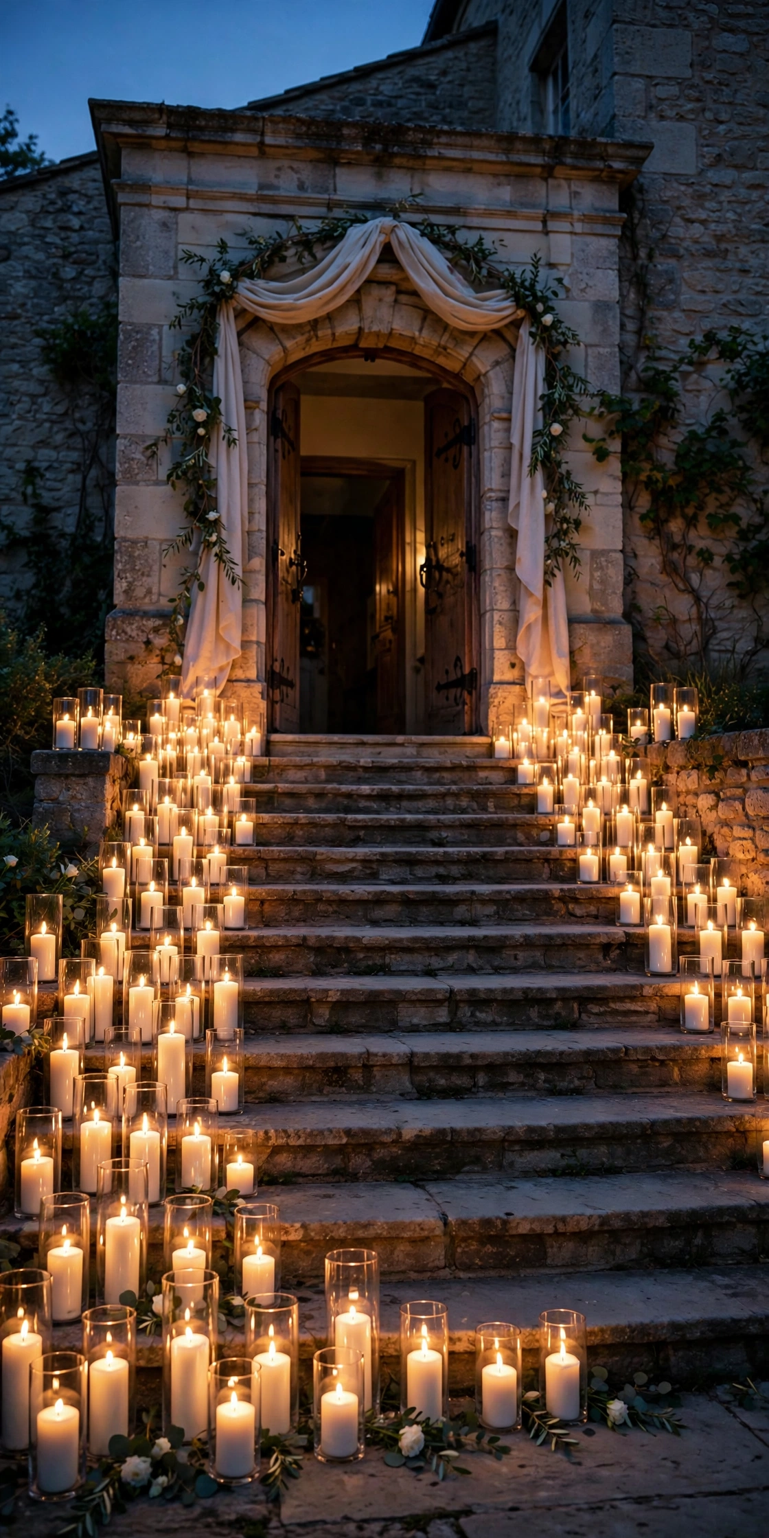 Candlelit wedding entrance with pillar candles in glass hurricanes