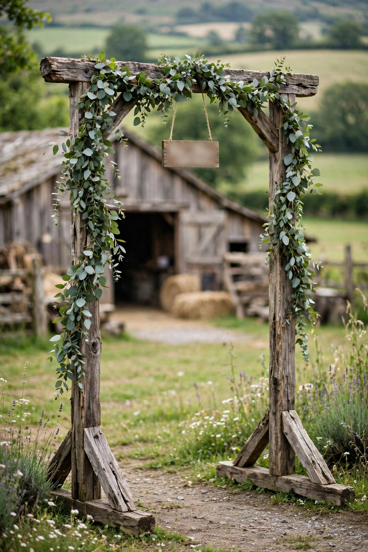 Rustic wooden gate frame with eucalyptus garlands at barn wedding