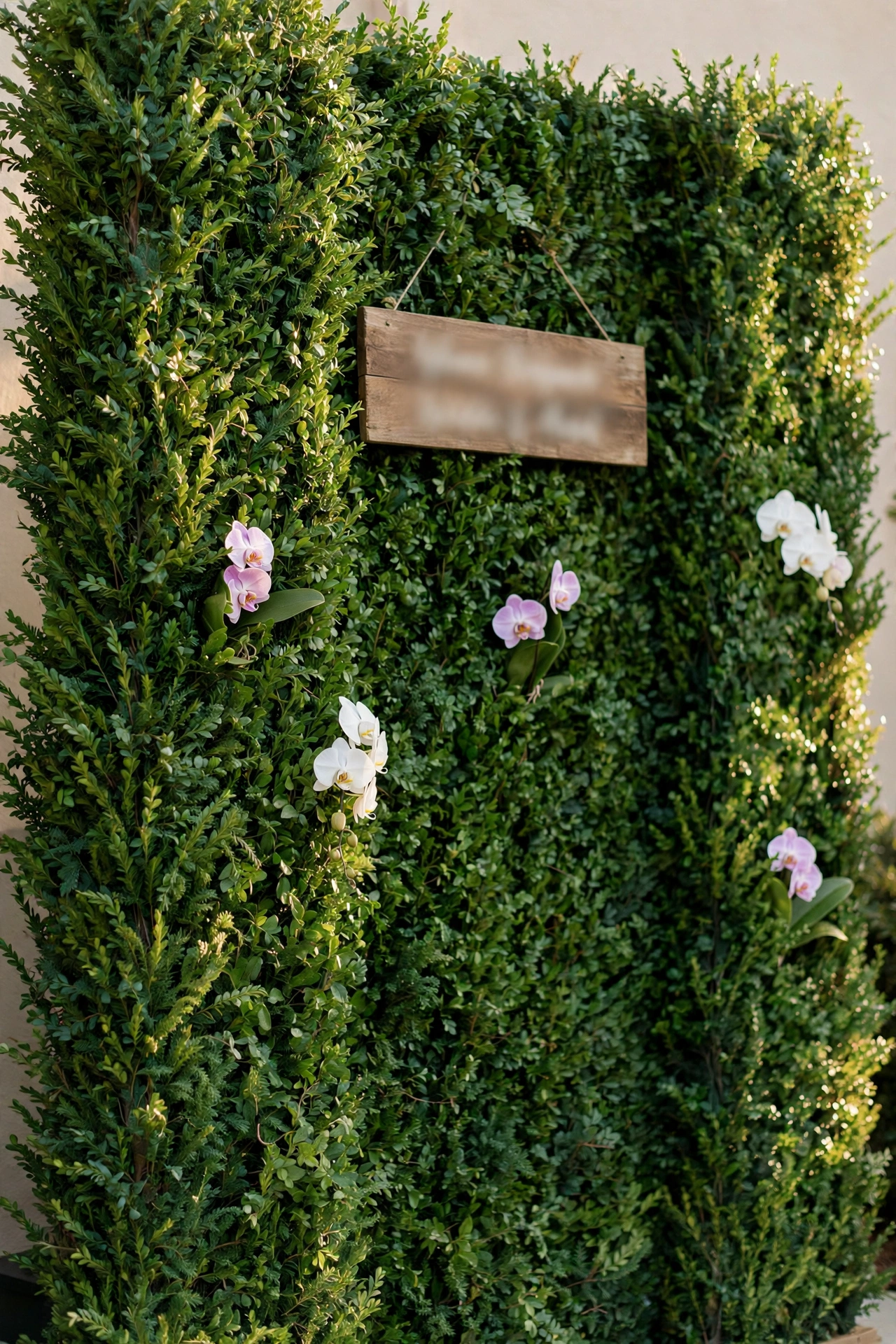 Living greenery hedge wall with wooden sign at wedding entrance
