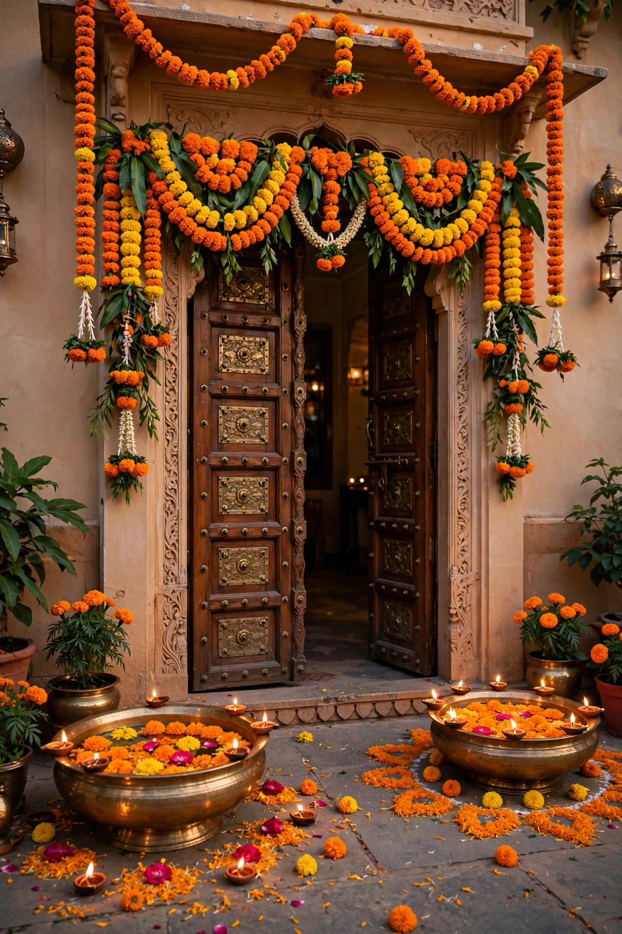 Traditional Indian wedding entrance with marigold toran and brass diyas