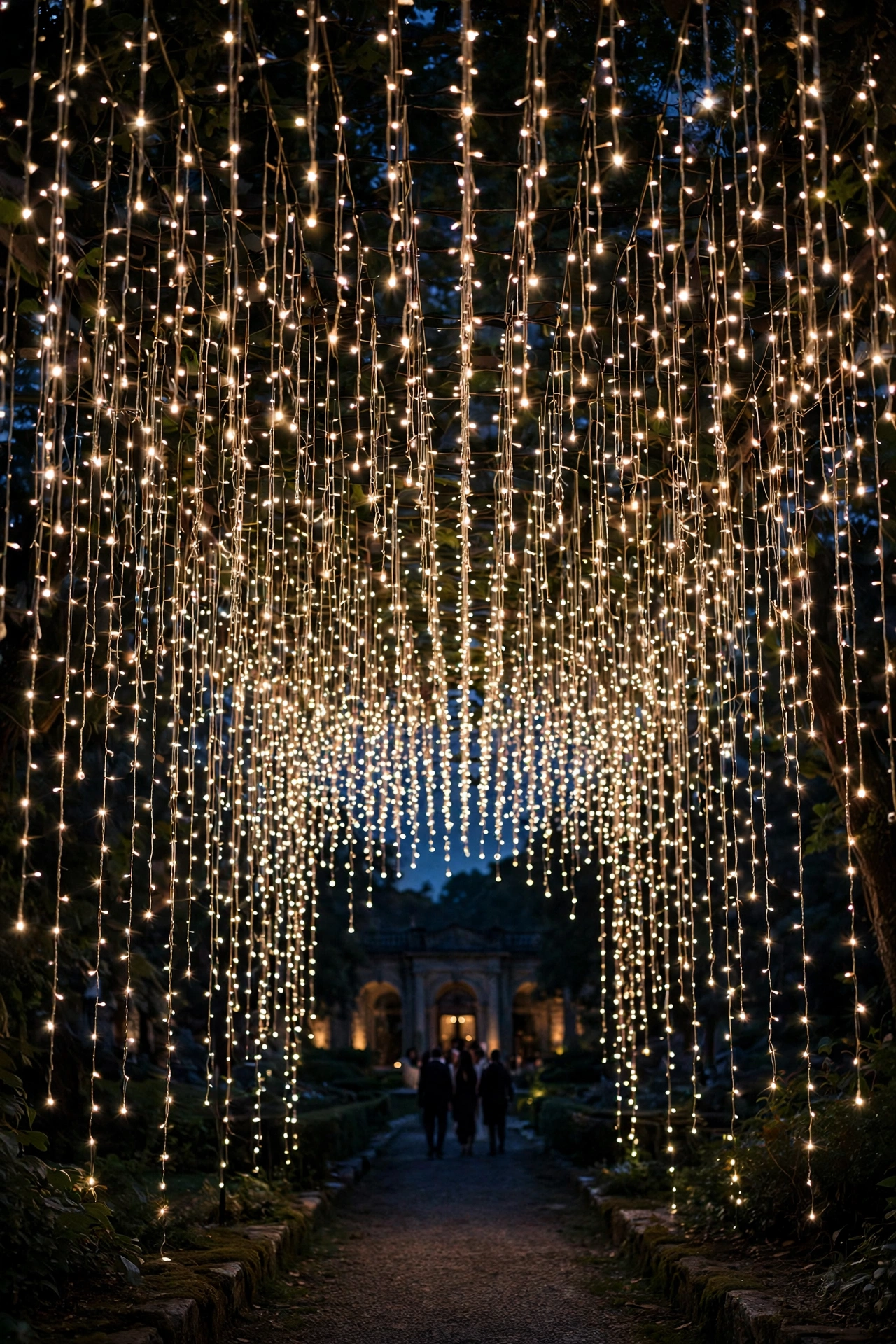 Tunnel of hanging fairy lights at wedding entrance in evening