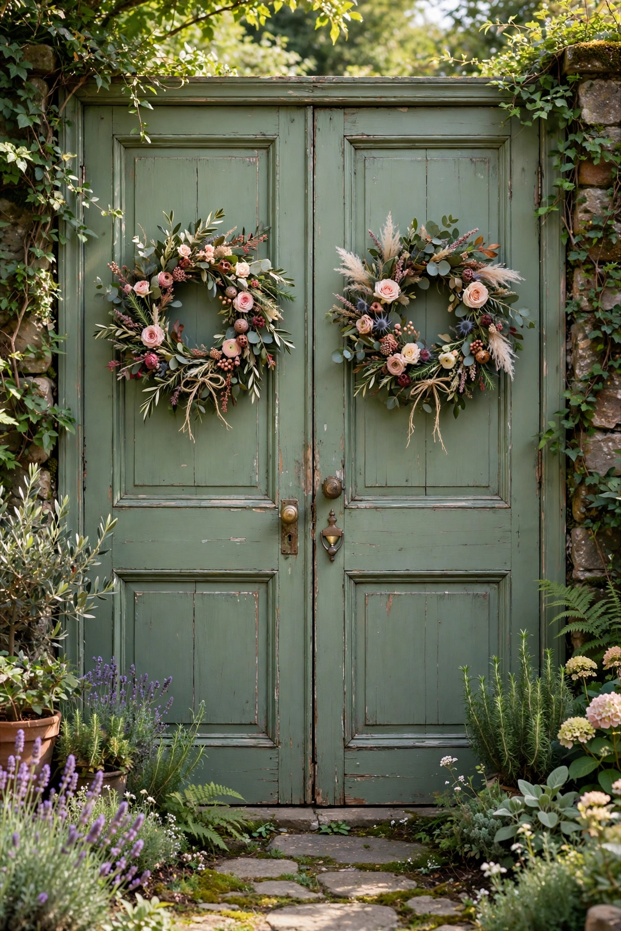 Vintage sage green doors with floral wreaths as wedding photo backdrop
