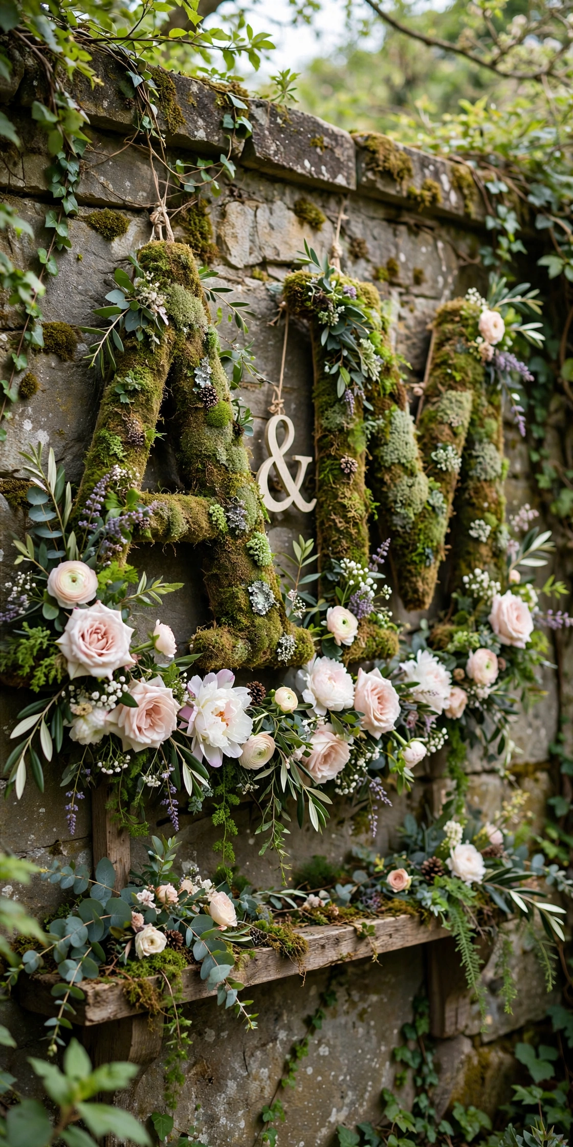 Floral couple monogram initials on garden wall at wedding