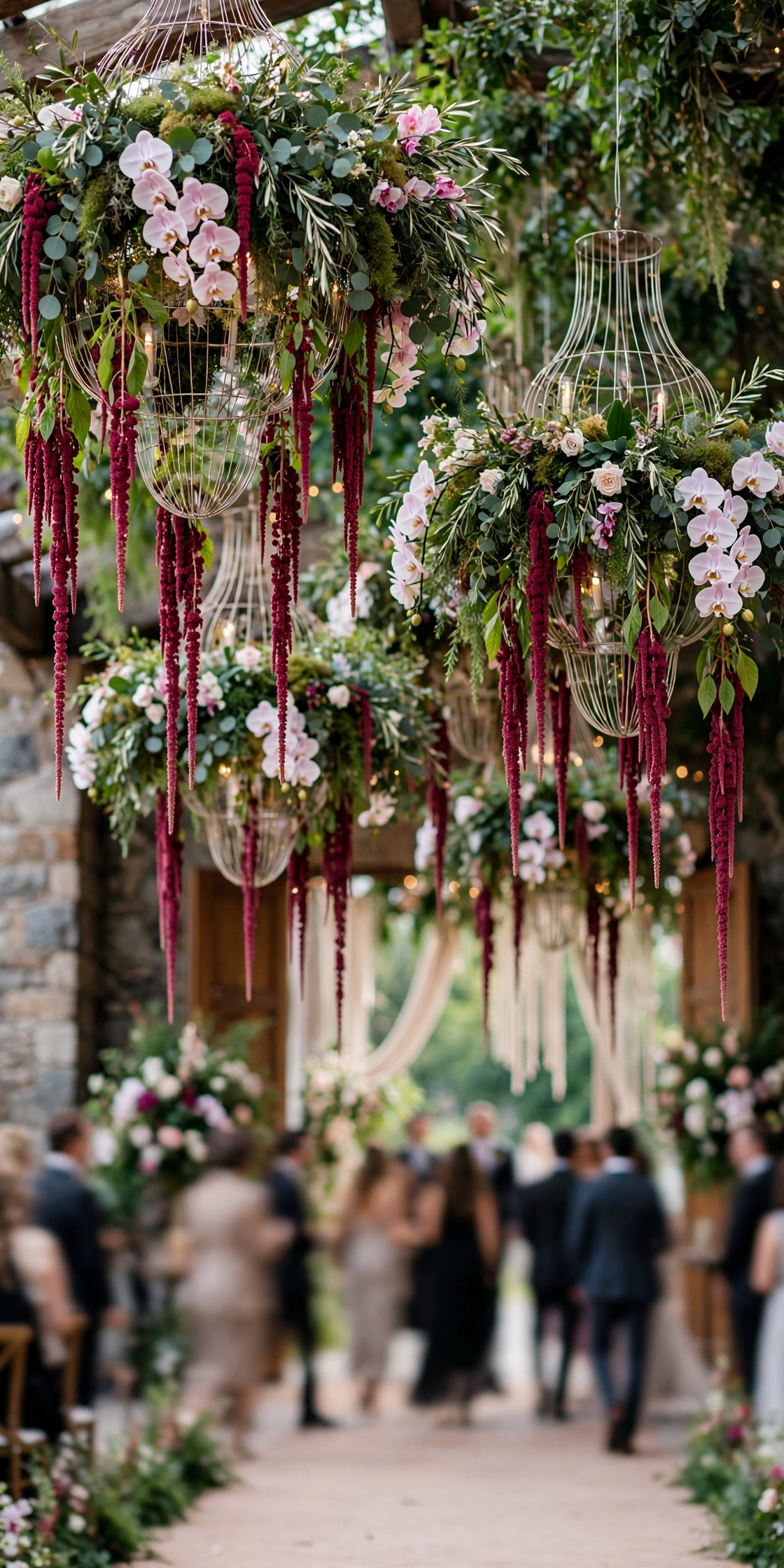 Hanging floral chandeliers with trailing greenery over wedding entrance