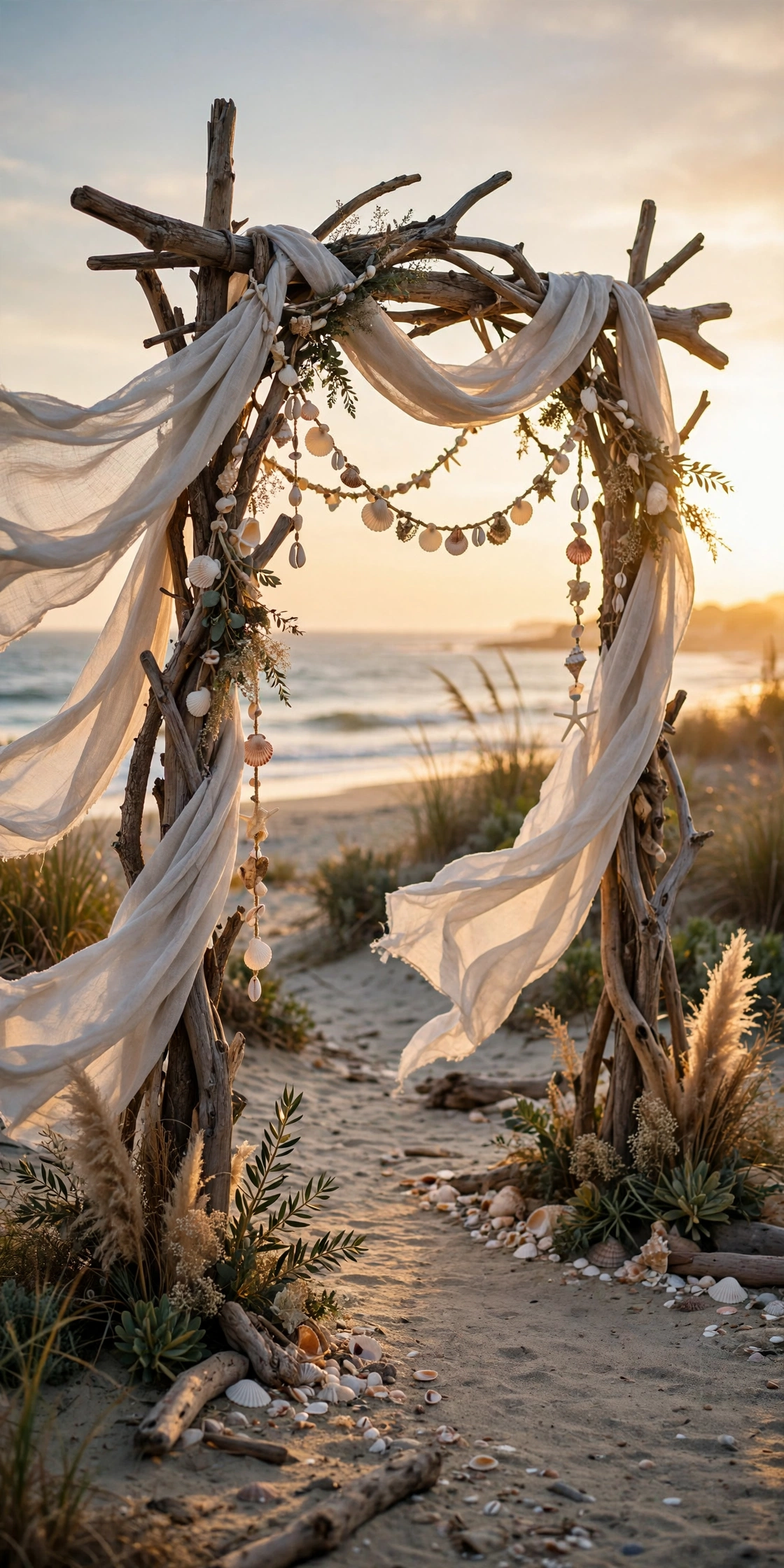 Beach wedding entrance with driftwood arch and linen drapes