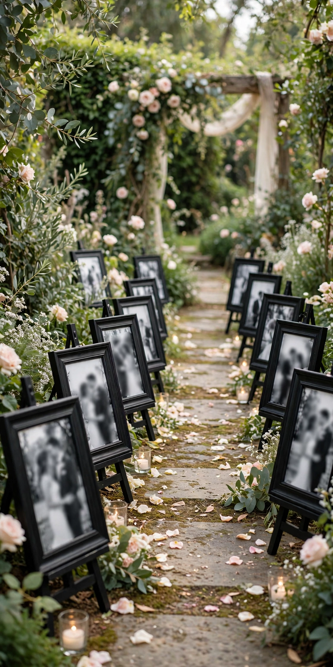 Wedding walkway lined with framed black-and-white couple photos