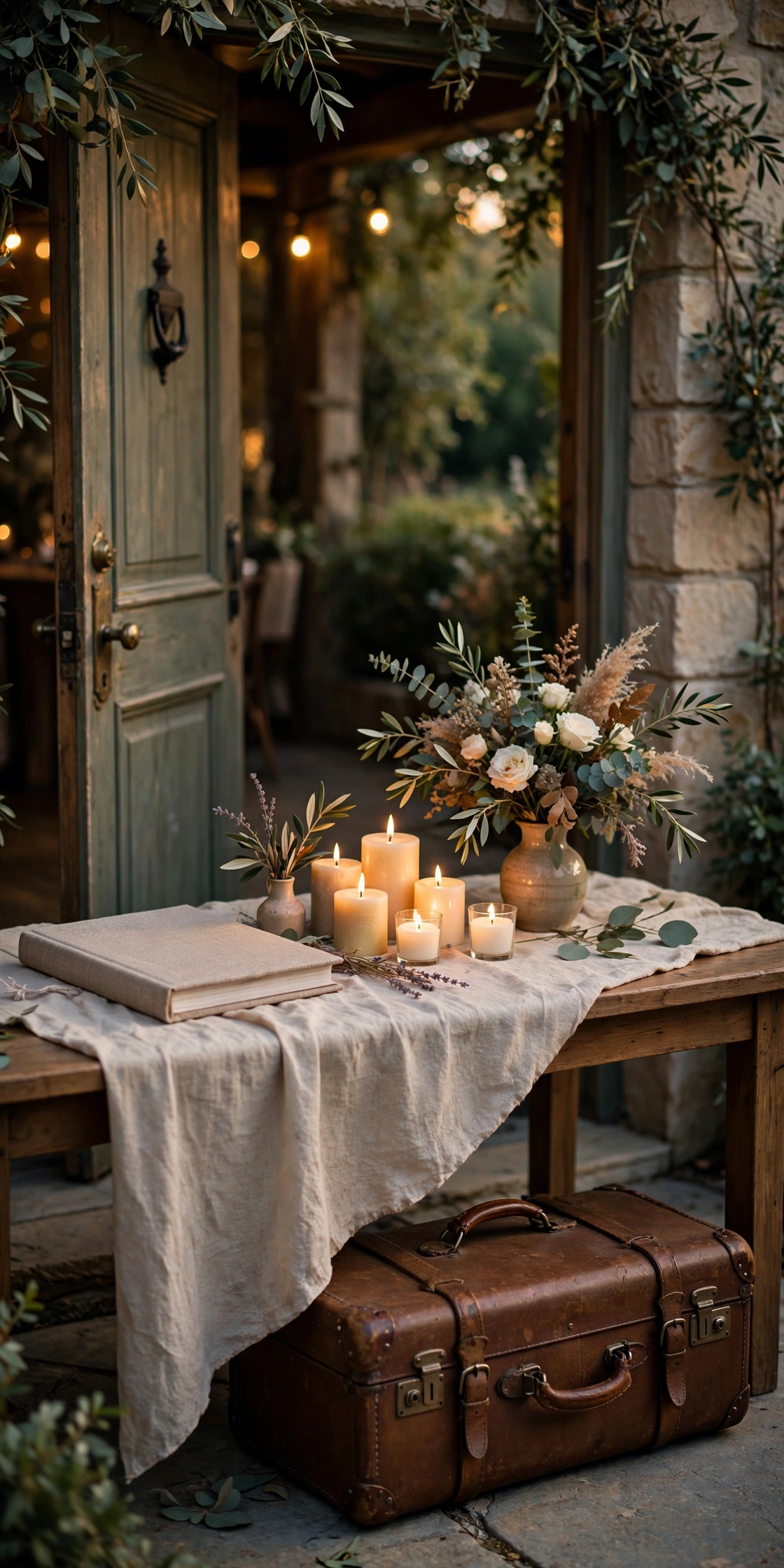 Styled wedding welcome table with guest book, florals and candles