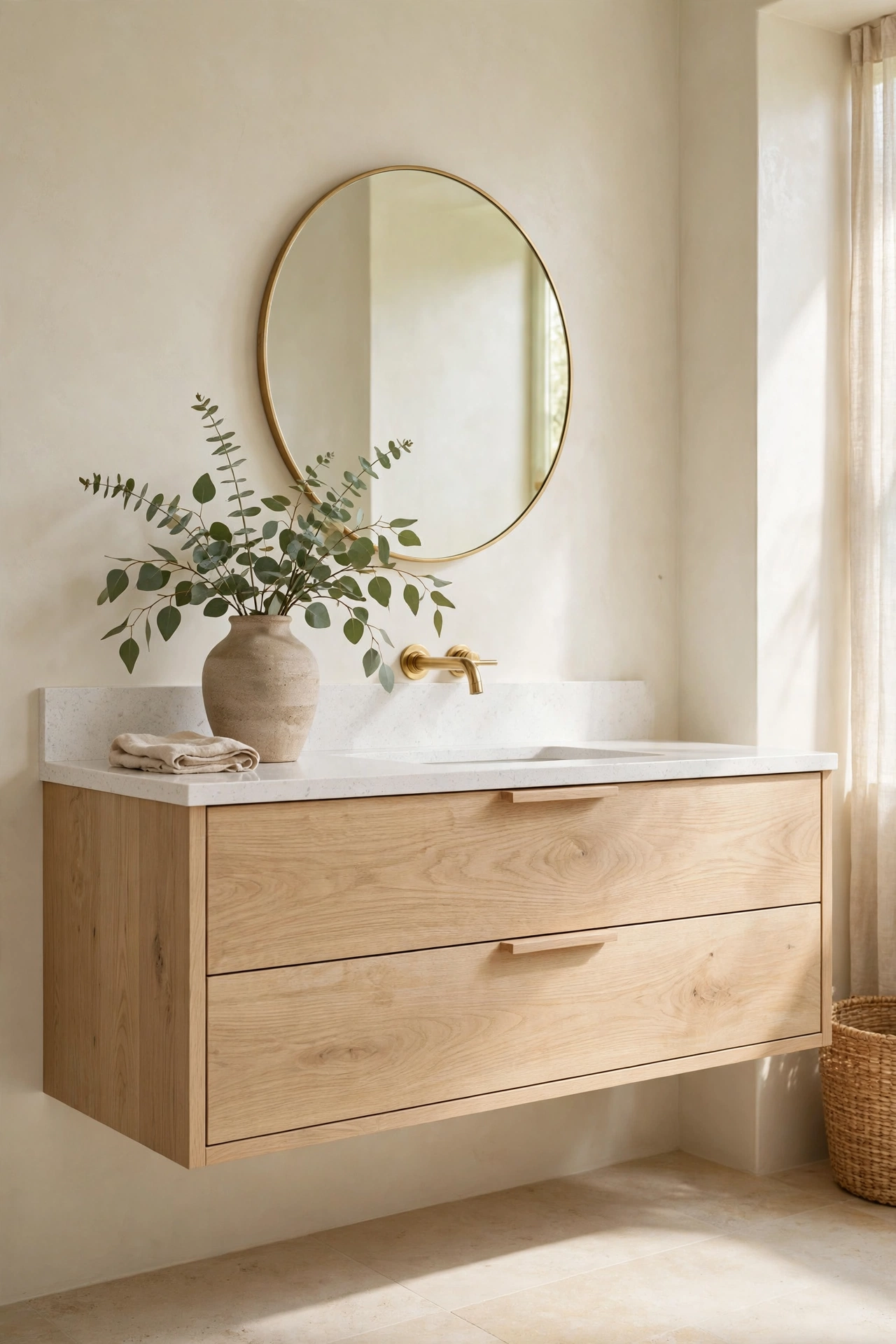 Bright spa-like bathroom with a floating white oak vanity, white quartz top, and round mirror