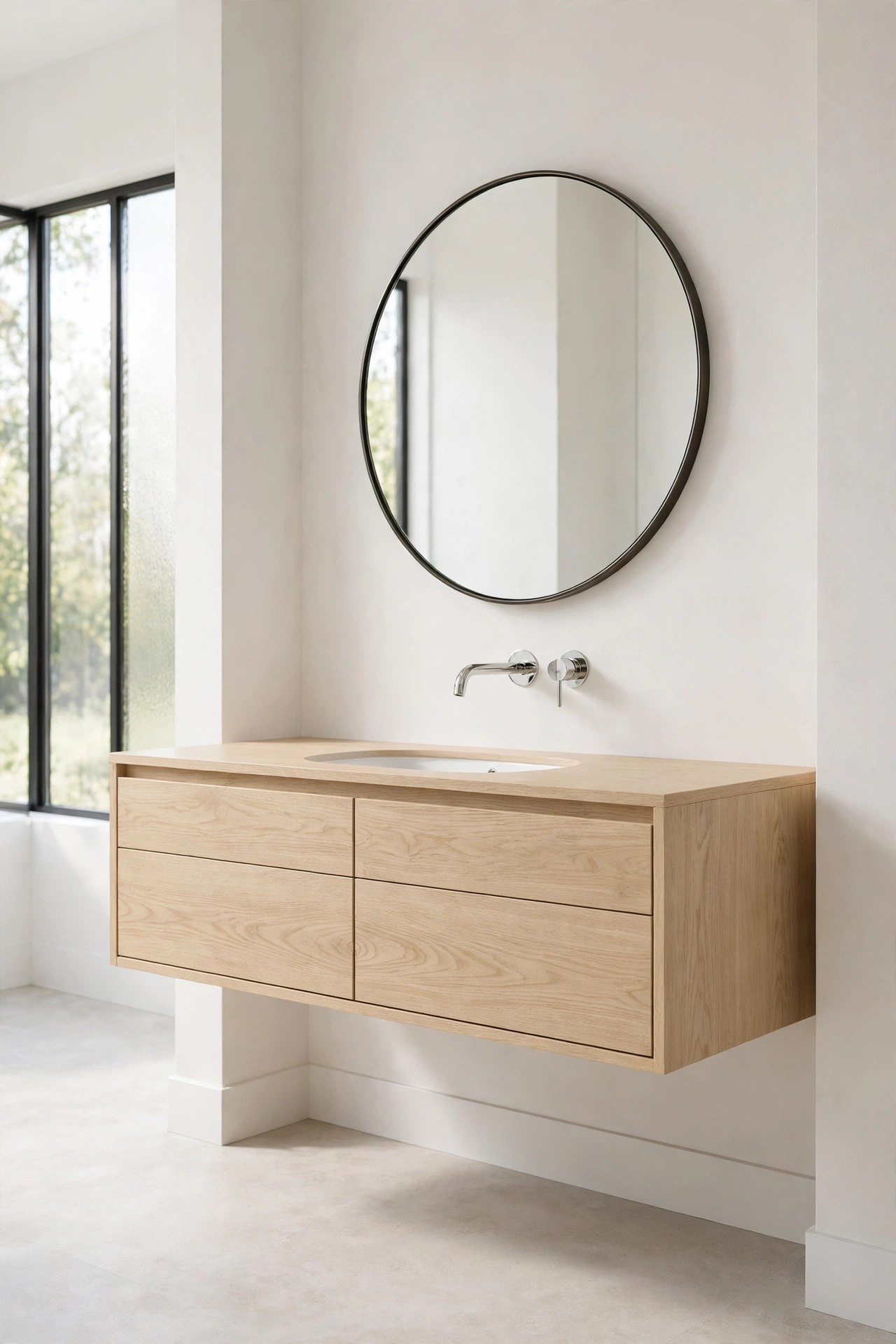 Floating white oak bathroom vanity with a wall-mounted faucet