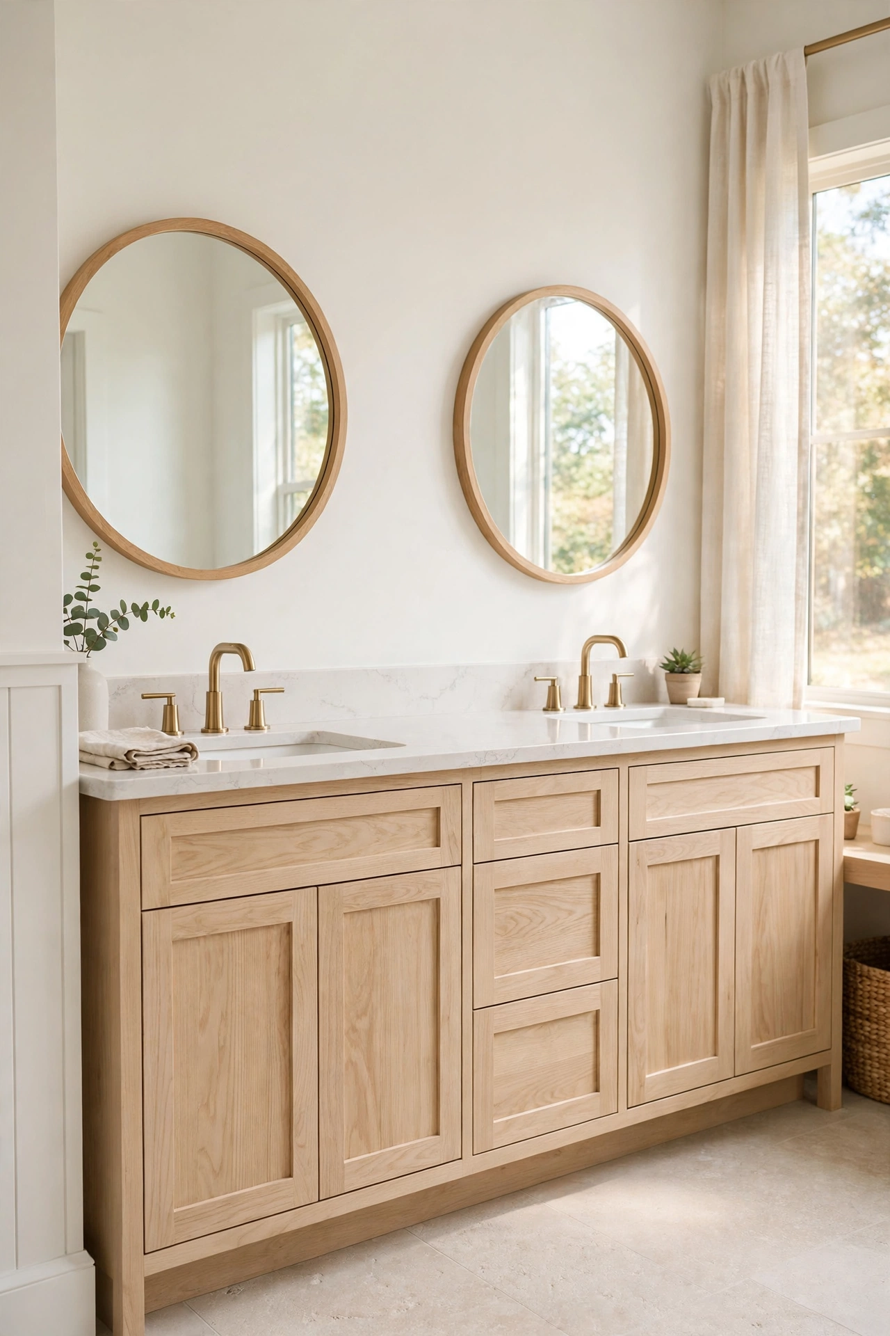 Double white oak bathroom vanity with two sinks