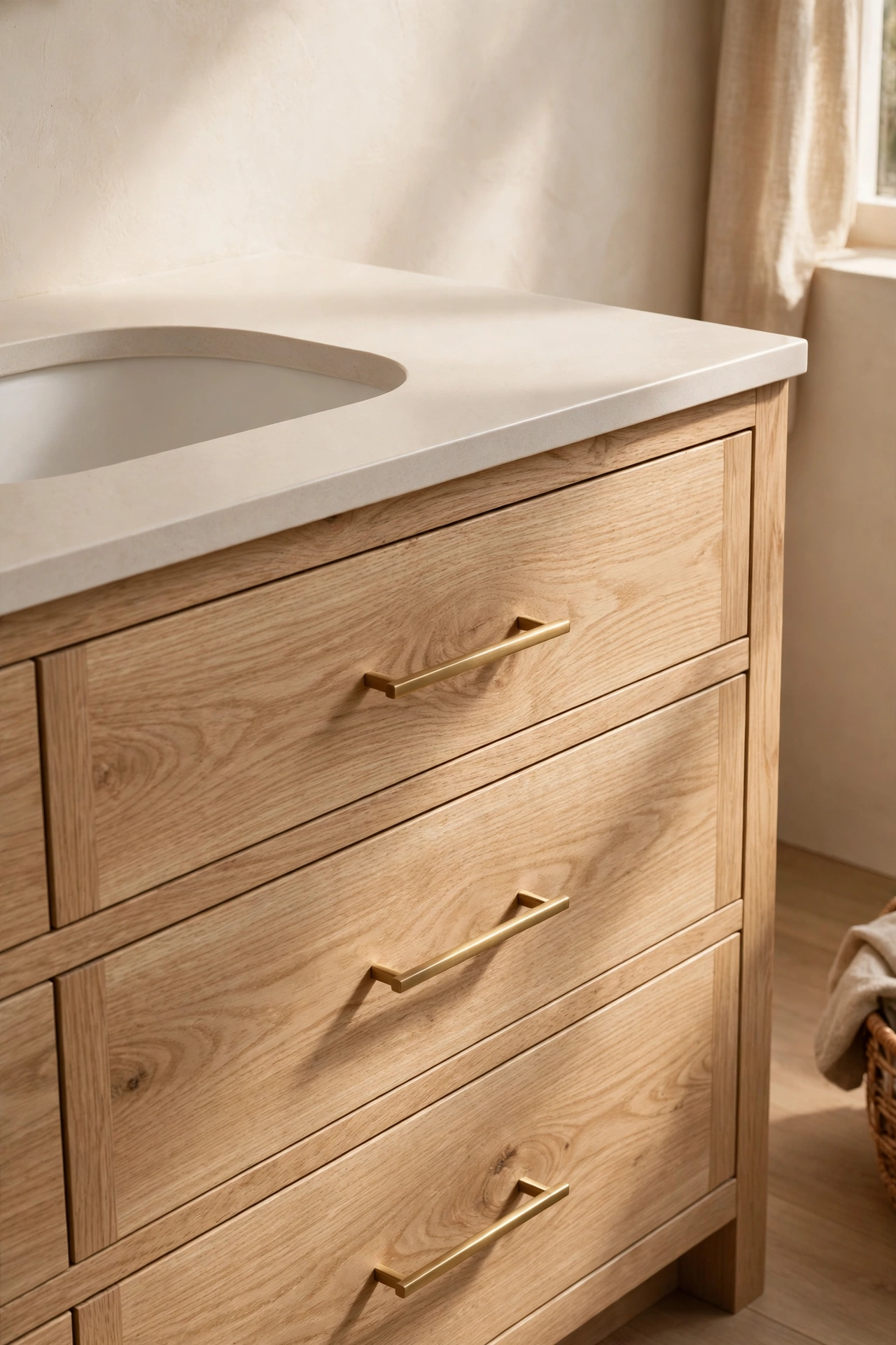 White oak vanity with honed quartz countertop