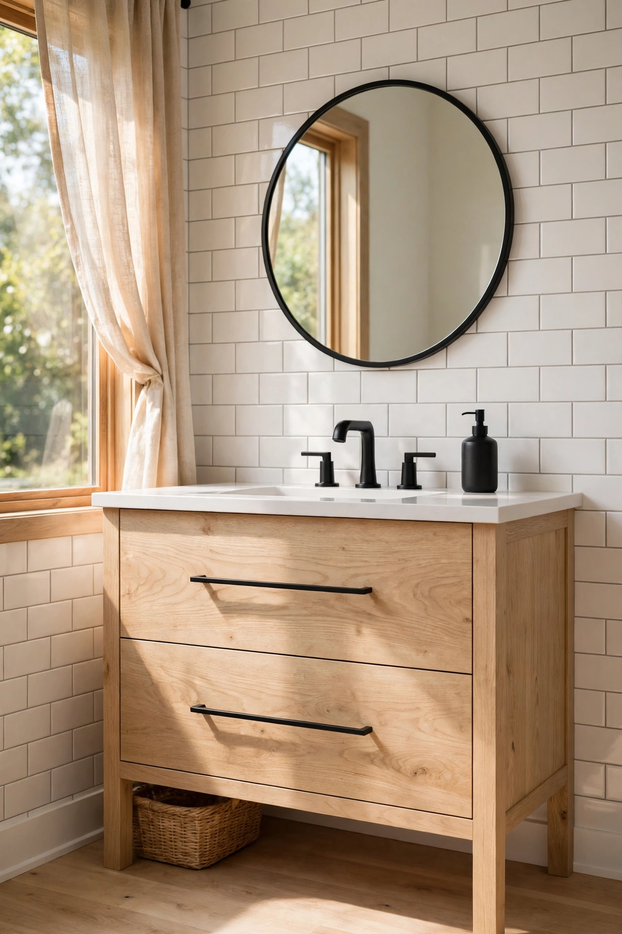 White oak vanity with matte black faucet and hardware