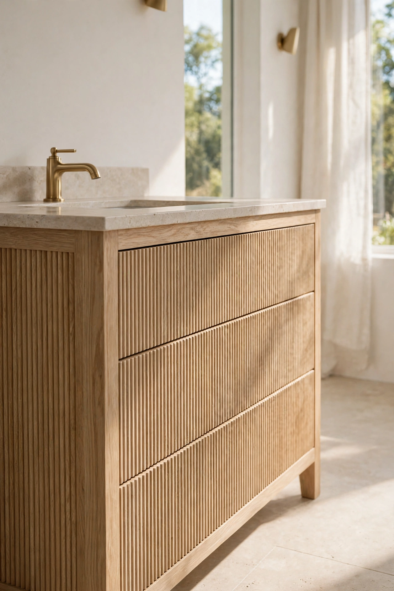 White oak vanity with fluted drawer fronts